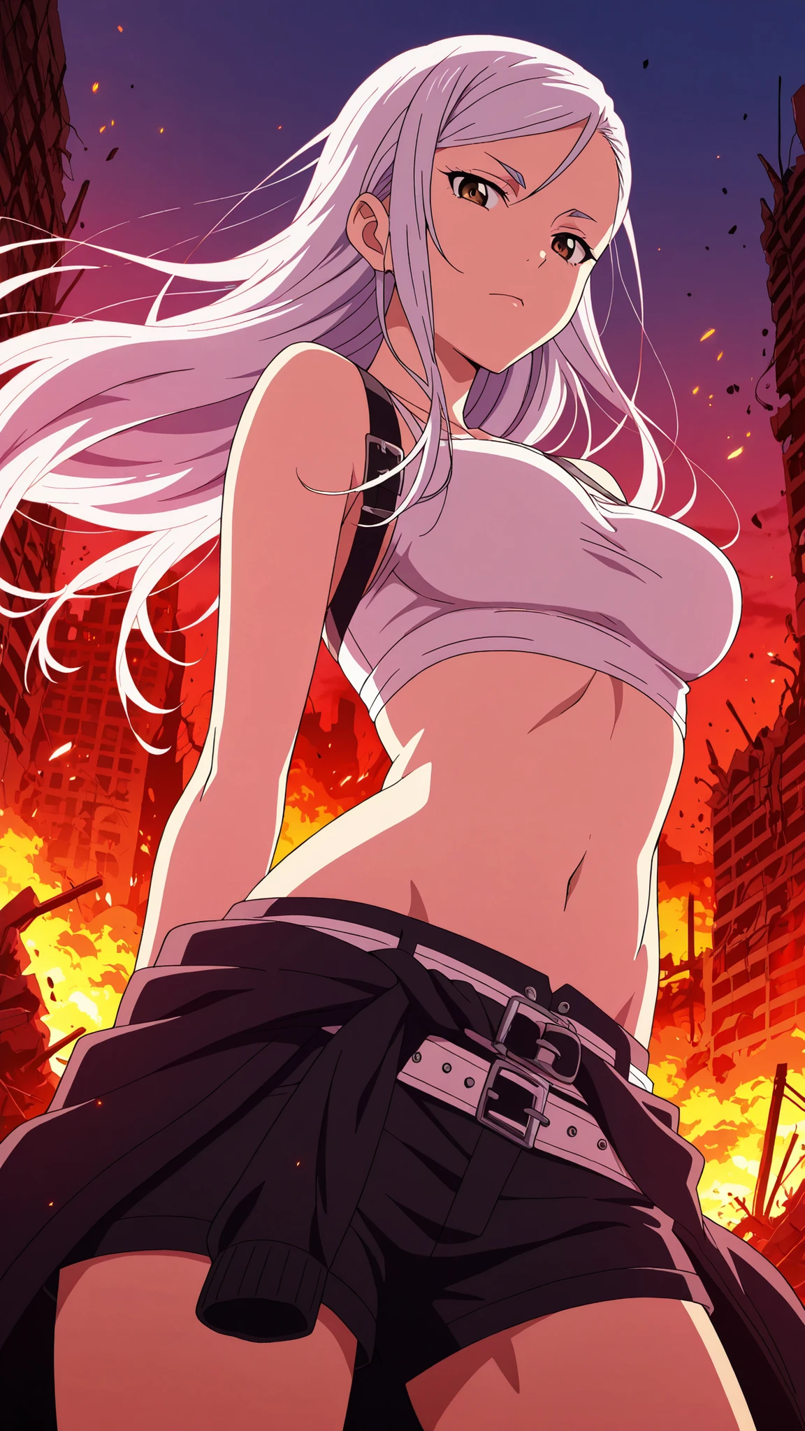 BREAK (masterpiece:1.2),Destroyed city reduced to ashes,
skyscrapers broken and glowing with embers,
sky glowing crimson with smoke,
ground covered in burning ruins,
apocalyptic anime masterpiece, dramatic and epic,saeko ayase, long hair,white hair, brown eyes, anime screencap,, medium breasts,tight crop top with ash stains,
sporty jacket tied around the waist,
shorts with straps and belts,
casual but stylish survivor outfit,looking at viewer,cowboy shot,wide-angel,seductive expression,seductive pose,floating hair,arched back,from below,serious face