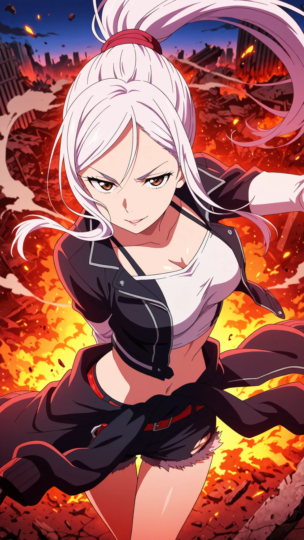 BREAK (masterpiece:1.2),Destroyed city reduced to ashes,
skyscrapers broken and glowing with embers,
sky glowing crimson with smoke,
ground covered in burning ruins,
apocalyptic anime masterpiece, dramatic and epic,saeko ayase, long hair,white hair, brown eyes, anime screencap,, medium breasts,tight crop top with ash stains,
sporty jacket tied around the waist,
shorts with straps and belts,
casual but stylish survivor outfit,looking at viewer,cowboy shot,wide-angel,seductive expression,action pose,floating hair,from above,