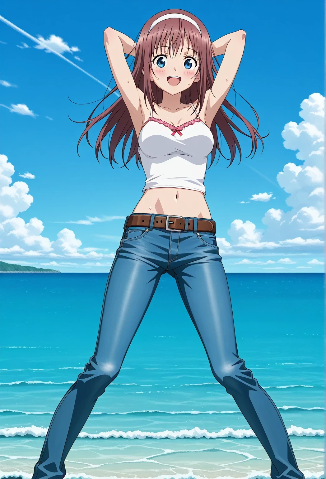 score_9, score_8_up, score_7_up, source_anime, highres, hi res, ((best quality, top quality, perfect quality, Highest Quality, amazing quality)), {{masterpiece}}, {{an extremely delicate and beautiful}}, 2d, intricate details, official style, anime, 8k, anime style, official_anime, official art, digital painting, cell shading, soft shading, high resolution, soothing tones, Subdued Color, Soft cinematic light, adobe lightroom, photolab, HDR, intricately and hyper-detailed, ((high quality animation)), 1 girl, Alone, solo, ((ocean)), tsunami, on the water, day, sunny, outdoors, sky, windy, HitomiDOA, brown hair, blue eyes, long hair, sidelocks, hairband, white hairband, anime screencap, , white camisole top, crop top, white crop top, best quality, hyper-detailed jeans, ((blue jeans:1.9)), (dark blue jeans:0.6), full medium body, medium shot, Open mouth, smiling, happy face, blush, sweat, standing, ((arms behind head:6.0)), bowlegged, sliding pose, action, looking at viewer, , Bend knees slightly, straight-on front view, belt, brown belt