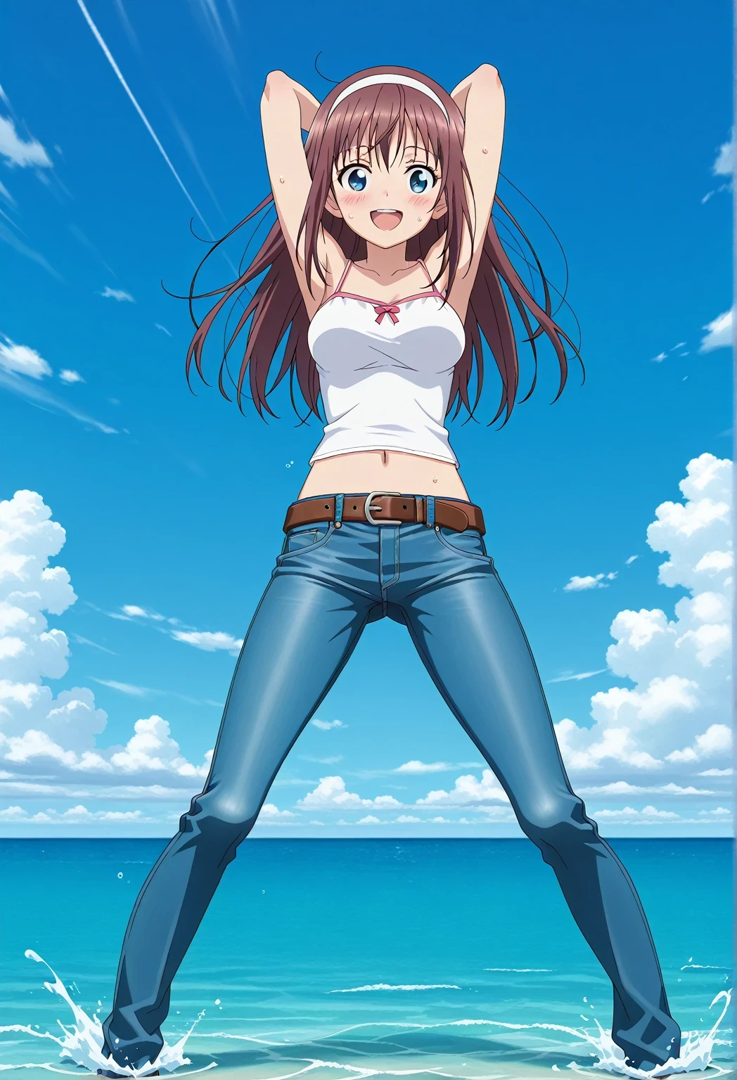 score_9, score_8_up, score_7_up, source_anime, highres, hi res, ((best quality, top quality, perfect quality, Highest Quality, amazing quality)), {{masterpiece}}, {{an extremely delicate and beautiful}}, 2d, intricate details, official style, anime, 8k, anime style, official_anime, official art, digital painting, cell shading, soft shading, high resolution, soothing tones, Subdued Color, Soft cinematic light, adobe lightroom, photolab, HDR, intricately and hyper-detailed, ((high quality animation)), 1 girl, Alone, solo, ((ocean)), tsunami, on the water, day, sunny, outdoors, sky, windy, HitomiDOA, brown hair, blue eyes, long hair, sidelocks, hairband, white hairband, anime screencap, , white camisole top, crop top, white crop top, best quality, hyper-detailed jeans, ((blue jeans:1.9)), (dark blue jeans:0.6), full medium body, medium shot, Open mouth, smiling, happy face, blush, sweat, standing, ((arms behind head:6.0)), bowlegged, sliding pose, action, looking at viewer, , Bend knees slightly, straight-on front view, belt, brown belt