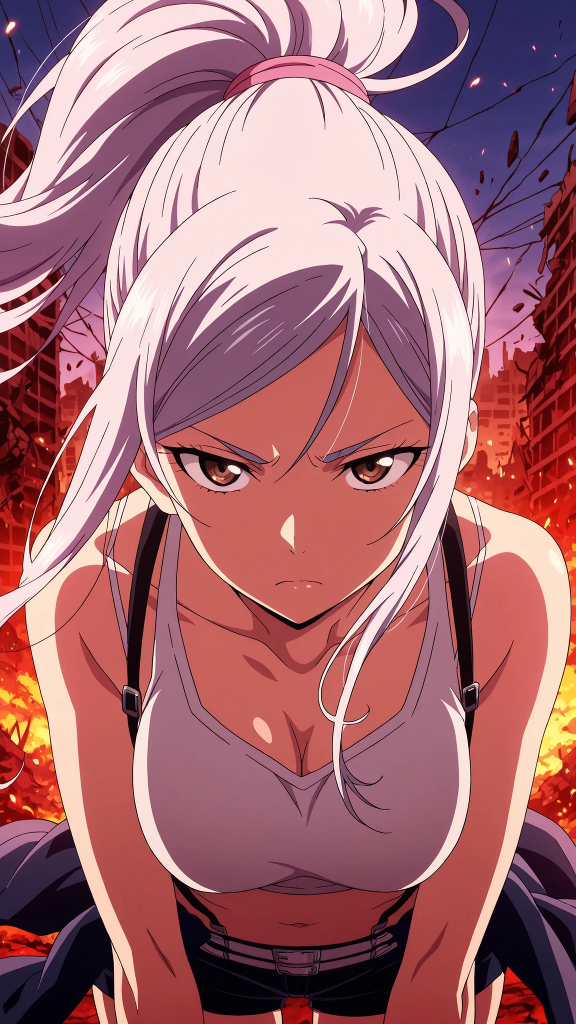 BREAK (masterpiece:1.2),Destroyed city reduced to ashes,
skyscrapers broken and glowing with embers,
sky glowing crimson with smoke,
ground covered in burning ruins,
apocalyptic anime masterpiece, dramatic and epic,saeko ayase, long hair,white hair, brown eyes, anime screencap,, medium breasts,tight crop top with ash stains,
sporty jacket tied around the waist,
shorts with straps and belts,
casual but stylish survivor outfit,looking at viewer,portrait,portrait shot,face close-up,seductive expression,seductive pose,floating hair,bent over,serious face,