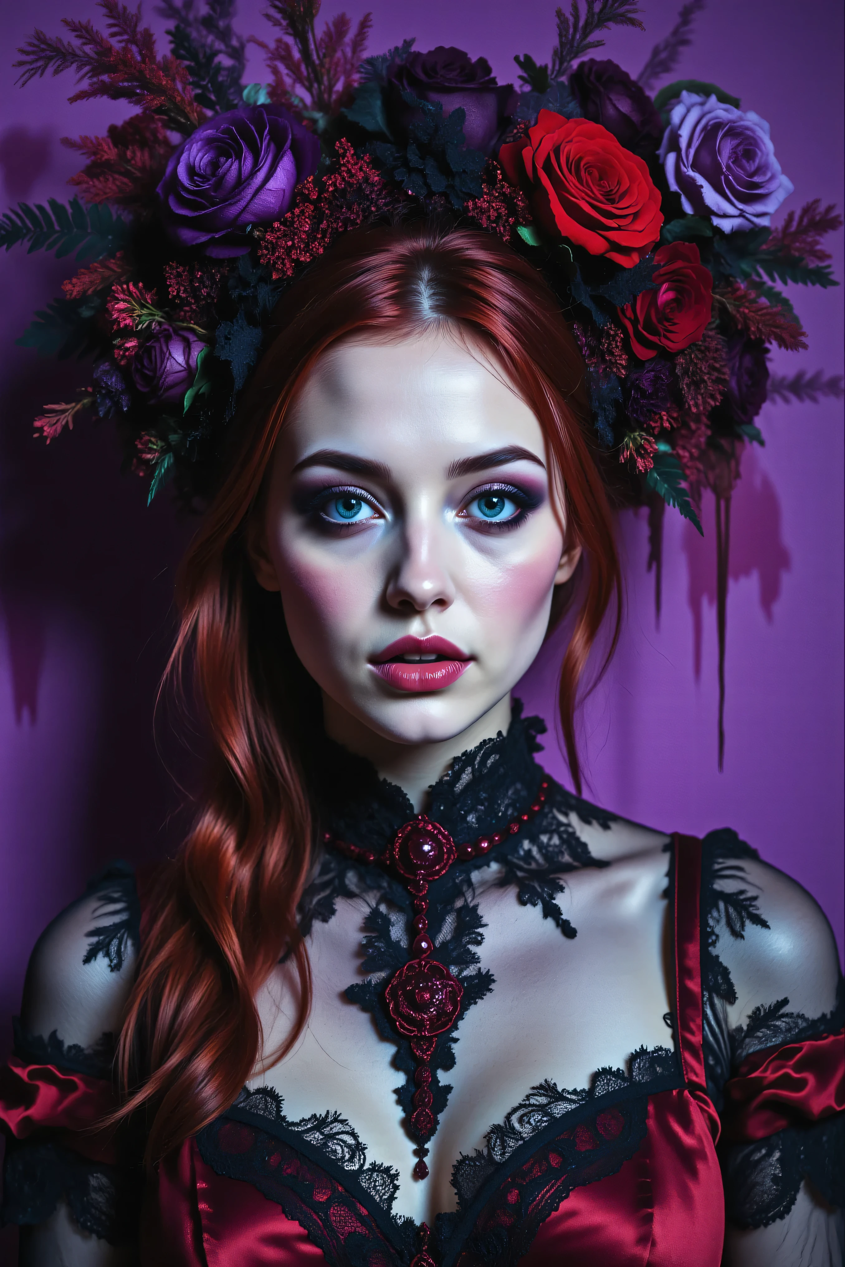 Dark fantasies, darkened image, colors popping out of a woman's Victorian-style dress, with deep reds and deep violets, the woman becomes part of the image, showcase, and purple backgrounds bleed out, a gorgeous woman in a dress she wears, looks at you with eyes that were made ti stare, Kubrick stare, staring you down beautiful young woman with porcelain skin and almost ghostly white presence, iconic character, icon style, intricate details and textures,, elusive heartbeat, dressed without rest, ultra-realistic, gothic_beauty, strange_station, deep reds and violets pop against the contrast of the black silk and satin that contrasts against the purple that bleeds out behind this. Ultra-realistic, photo-realistic, ultra-detailed, physically-based rendering, 8k, Parted Lips, Makeup, Wide-Eyed, Sparkling Eyes, direct eye contact, model in a dress, cinematography, portrait photography