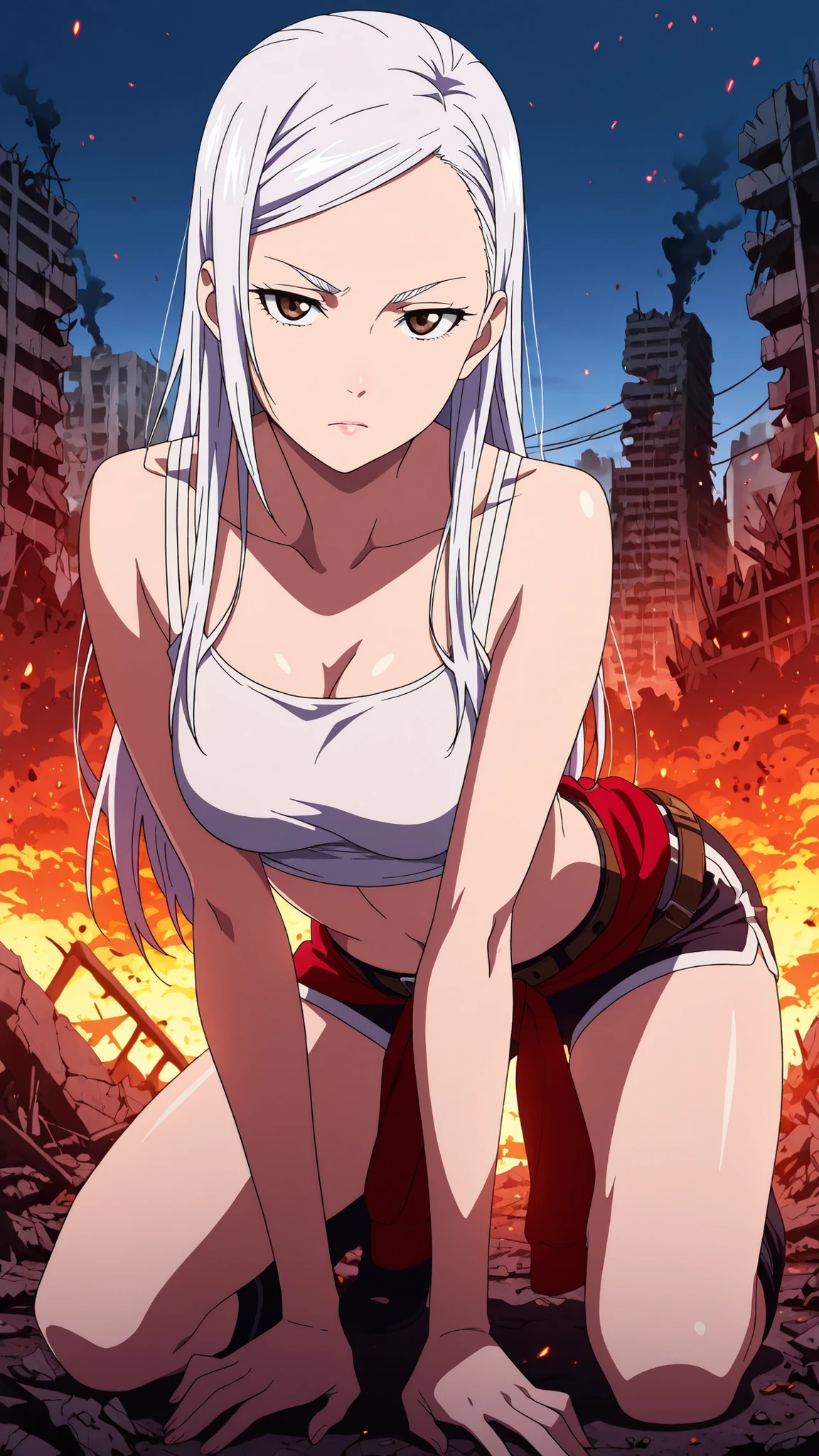 BREAK (masterpiece:1.2),Destroyed city reduced to ashes,
skyscrapers broken and glowing with embers,
sky glowing crimson with smoke,
ground covered in burning ruins,
apocalyptic anime masterpiece, dramatic and epic,saeko ayase, long hair,white hair, brown eyes, anime screencap,, medium breasts,tight crop top with ash stains,
sporty jacket tied around the waist,
shorts with straps and belts,
casual but stylish survivor outfit,looking at viewer,cowboy shot,wide-angel,seductive expression,seductive pose,kneeling on all fours, arched back, detailed body posture,realistic shading,high detail, 4k,serious face,