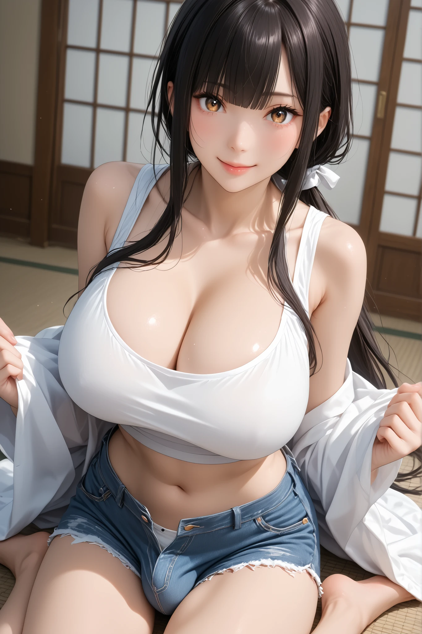 score_9, score_8_up , score_7_up , just describe what you want, tag1, tag2,official art, official style,(anime style:1.3), anime coloring, anime screenshot, game cg,illustration,(kyoto animation style:1.5),(Azur Lane style:1.3),(masterpiece:1.3),(most detailed:1.3), (high resolution:1.3), (best quality:1.3), (4K:1.3),(ergonomically perfect body:1.3),1 lady:1.5,((big Crotch bulge:1.8)),((covered big penis :1.5)),(futanari:1.5), (transsexual:1.5),(30 years old:1.5),woman,beauty,solo:1.5,tall,cute lips,black hair, choppy bangs:1.5,low ponytail, brown eyes,Proportion , perfect body with realistic shading ,The anime is very detailed, perfect body with realistic shading , smooth anime cg art,(huge breasts:1.7) , tank top:1.5, (belly-baring outfit:1.3), (micro shorts:1.5), cleavage, shiny clothes,makeup,big eyes:1.3,tareme, long eyelashes, sexy body,sister,blush,thighs,barefoot,collarbone,summer , japanese living room, tatami, ( smile :1.5), ( undressing :1.5), ( pulling down micro shorts :1.5), ( :1.5), ( :1.5), ( :1.5), ( :1.5), ( :1.5),