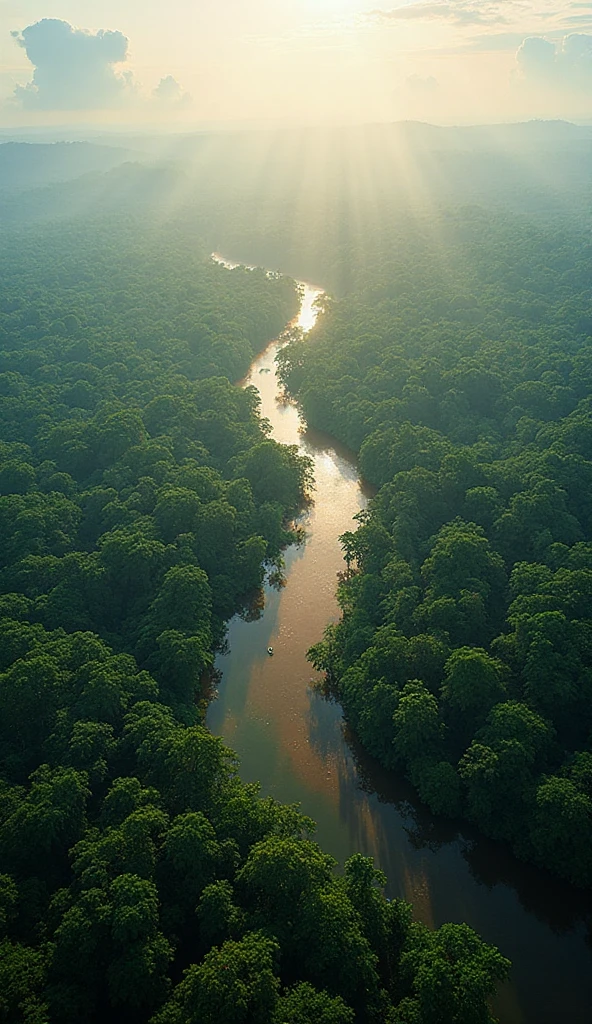mesmerizing aerial panoramic photograph of the Amazon Rainforest, } wide range infinite dense and lush emerald green canopy extending to the horizon like an ocean of plant life, Amazon river meandering majestically through the forest like a gigantic golden-brown serpent reflecting the tropical sky, smaller tributaries branching out into natural fractal patterns creating an intricate network of aquatic veins, morning mist hanging gently over the treetops creating an ethereal effect as the first golden rays of the tropical sun penetrate through the low clouds, centuries-old trees emerging above the canopy like giant forest sentinels, several visible species including chestnut trees, rubber trees and açaí palm trees with their distinct silhouettes, small natural clearings revealing mirrored lakes reflecting the intense blue sky, bands of multicolored macaws flying in formation against the sky creating vibrant flashes of red, azul e amarelo, faint smoke from a remote indigenous village  perceptible among the trees, small wooden boats navigating the main river local products, massive cumulonimbus clouds forming on the horizon foreshadowing the afternoon's tropical showers, dramatic encounter of the waters where the dark water Rio  meets the muddy waters of Solimões forming two distinct streams that they run side by side without immediately blending, color palette dominated by dozens of shades of vibrant green contrasting with the deep blue of the rivers and the tropical sky, atmosphere of unparalleled biodiversity and pristine primal nature, sense of immensity and mystery of the largest tropical forest on the planet.
