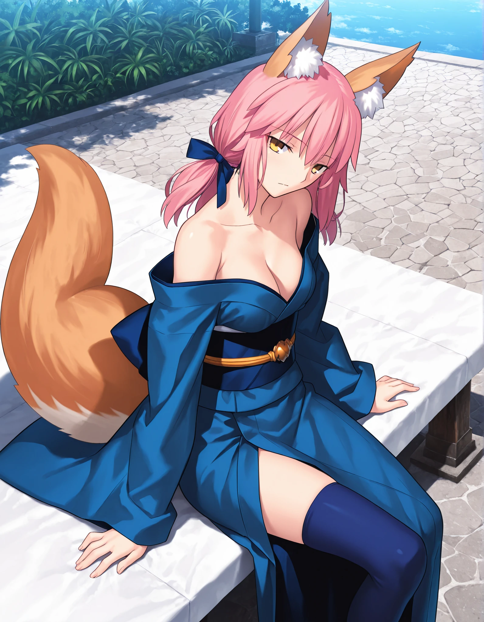 masterpiece, , absurdres, highres, detailed background, high resolution, masterpiece, necessary, detail, best quality, quality, necessary, details, High details, Precise, from above, from side, outdoors, , solo,                                             
                                                                                                                                                                                                                         1 tall girl, detailed, Takeuchi Takashi (type-moon,tsukihime) style, takeuchi takashi style,(aged up), light skin, sitting, ,  
   
tall girl, slim arms, TamamoNoMae \(fgo\), tamamo, animal ear fluff, animal ears, fox ears, fox girl, fox tail, hair ribbon, pink hair, tail, yellow eyes, (half-closed eyes) , medium hair ,low twintails ,small breasts, cleavage, off shoulder, bare shoulders, dark blue kimono, dark blue ribbon, dark blue thighhighs, collarbone, detached sleeves, japanese clothes, kimono, dark blue thighhighs, looking at viewer, head tilt, ,                                                                                                                                                                                                                                                                                                                                                                                                                                                                                                                                                                                  