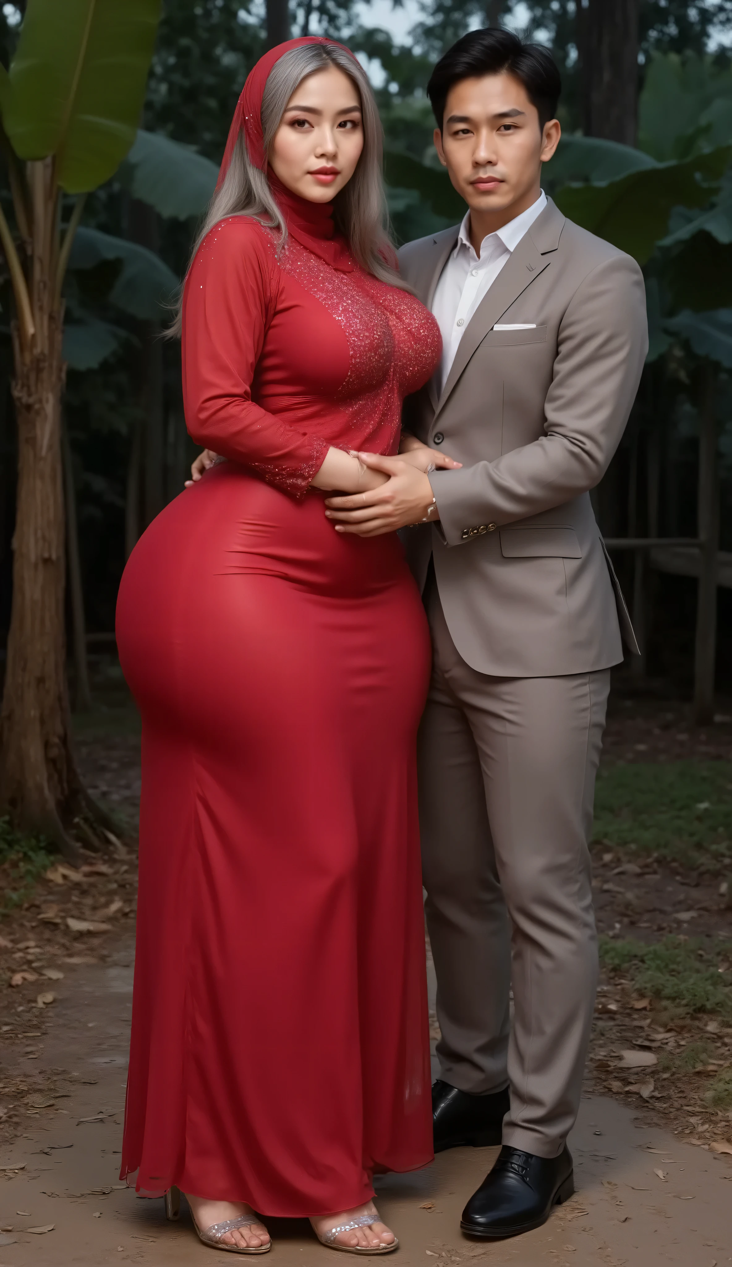 An Asian attractive mature woman with a provocative curvaceous body, is 60 years old and has a figure with prominent curves, a plump with perfect proportions curves, generous curves and plus-size, a body with an hourglass figure, her voluptuous wide hips harmonize with slender wasp waist, with wide legs and wide thighs well-shaped, and her butt in good shape, plump and shaped buttocks. She has characteristics typical of her age, slight wrinkles on her face and gray hair, long hair with an elegant vintage style hairstyle, has beautiful and fine facial features look at camera. She wear a red sparkling hijab and wears transparent glass heels. She is in a banana forest at night time, she is a bride for her young skinny son 20 years old. her young skinny son in a casual suit and black hair, He is next to her, look her face, he holds her with passion and places his hands close to her buttocks. they was captured is a modern hyperrealistic cinematic style, captured on a full body overview, with hyperrealistic details and good focus quality.