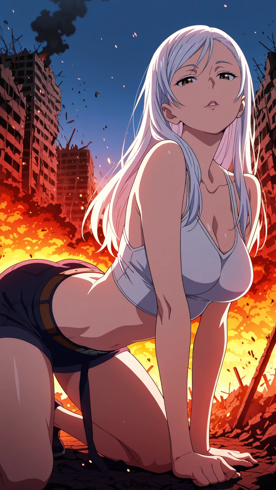 BREAK (masterpiece:1.2),Destroyed city reduced to ashes,
skyscrapers broken and glowing with embers,
sky glowing crimson with smoke,
ground covered in burning ruins,
apocalyptic anime masterpiece, dramatic and epic,saeko ayase, long hair,white hair, brown eyes, anime screencap,, medium breasts,tight crop top with ash stains,
sporty jacket tied around the waist,
shorts with straps and belts,
casual but stylish survivor outfit,looking at viewer,cowboy shot,wide-angel,seductive expression,seductive pose,kneeling on all fours, arched back, detailed body posture,realistic shading,high detail, 4k,from below