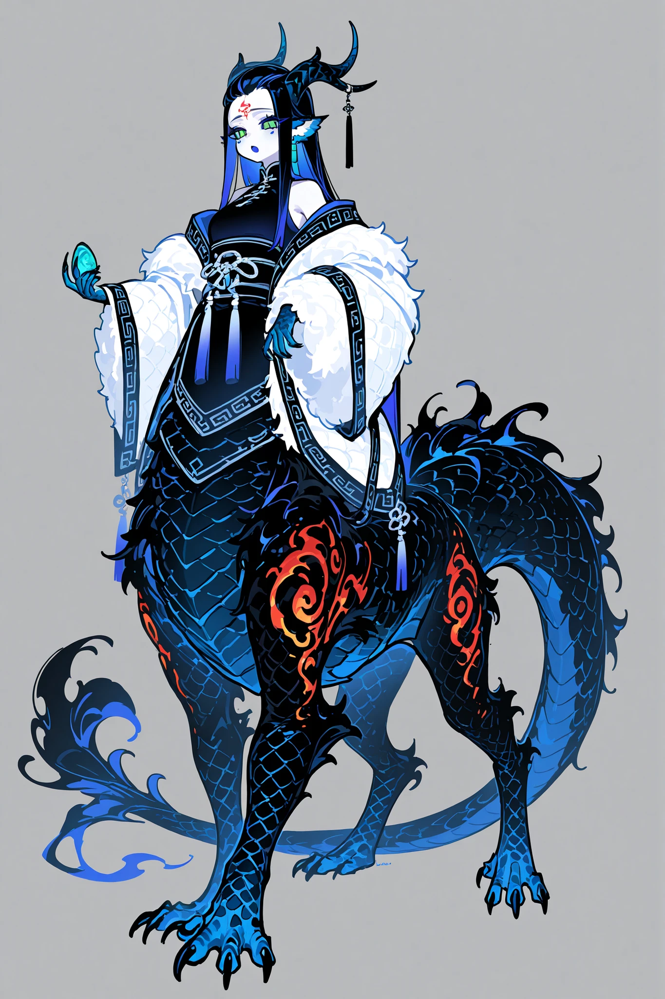 (dragon taur, centauroid, monster girl,) Girl is Azure dragon Lúng,she is hybrid of Eastern dragon. She has a sporty feminine bodybuilding. Her face has asian features. She has green jade narrow eyes. She has pale skin covered blue dragon scales,with Nazar-tracery. She has red fire tattoos all over her body. She has red stripes on her cheeks and forehead. She has blue lipstick, she has a gold sharp fangs. She has long eyebrows. She has short jet-black straight hair with indigo blue highlights, her bangs are pinned up and pulled back. She has four golden curved branched dragon horns are located on the forehead. She has long pointy blue fluffy dragon ears. She has a  immensely long mighty scaly dragon tail with black mane along the spine and black fluffy tassel on tip of her tail. She has long golden crescent-shaped claws on her scaly azure blue limbs. She's wearing a turquoise Chinese traditional coat tangzhuang. She wears turquoise loose-fitting trousers. She she's barefoot. She holding big scaly dragon egg. (On the background: Chinese pine forest high in the mountains.)