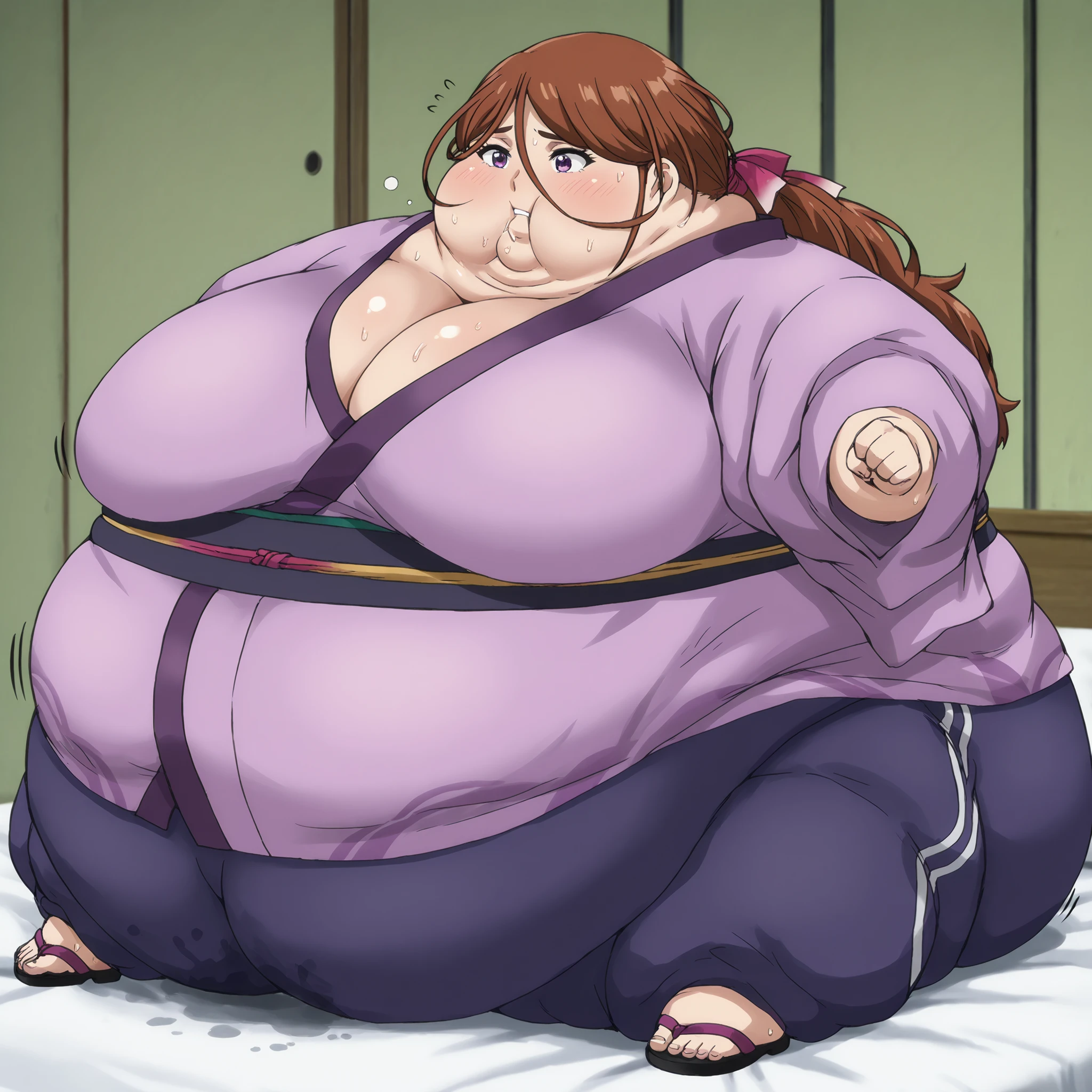 kenshinsatsuki, purple eyes, brown hair, hair between eyes, hair ribbon, long hair, ponytail BREAK
purple kimono, blue sweatpants, sandals, , fat, chubby, obese, gigantic arms and legs, large breasts, sweating, wet body, swollen face, Fat_neck , Fat head , eyes with crushed cheeks , nose with crushed cheeks , mouth with crushed cheeks , chin roll, sphere_tf
only head, sphere body, on bed