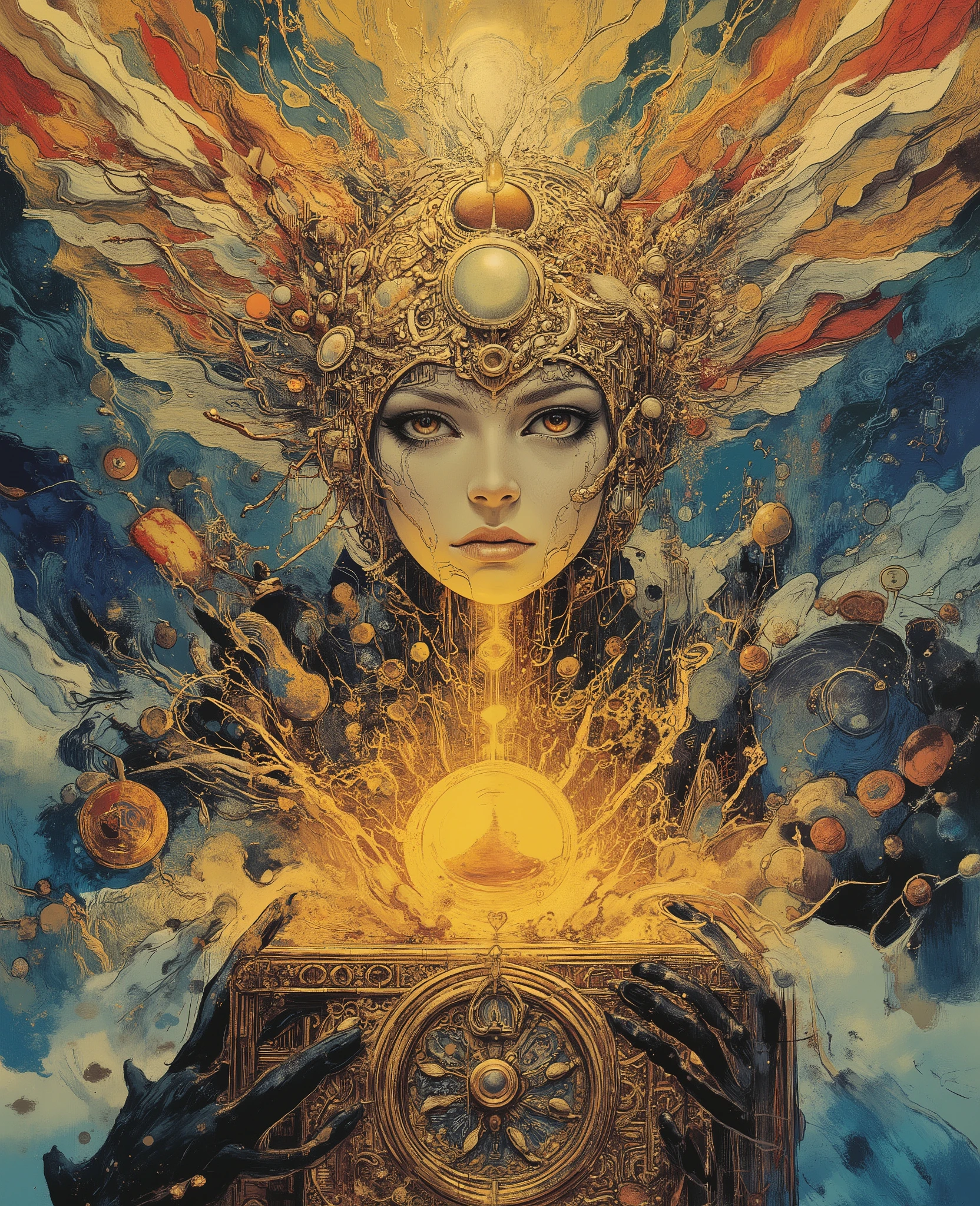 splashart, majestic portrayal of Pandora opening a gold chest letting all the evils of the world in swirling colors, Well detailed hourglass figure((abstract background)), piercingeyes, epic instagram, art stations, Color paint splash style+, contour lines, hyperdetailed intricately detailed, Unreal Engine, magnifica, intricate detailes, splash screen, Complementary color scheme, Realistic concept art, 8K分辨率, Masterpiece of deviance, an oil painting, heavy brushstrokes, Ink Drop, Splash gear