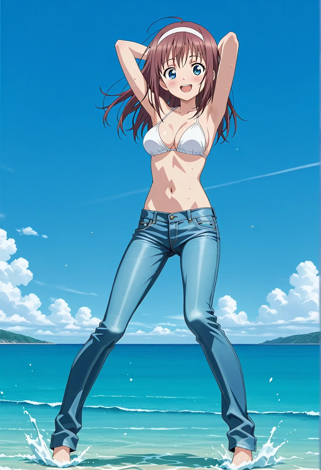 score_9, score_8_up, score_7_up, source_anime, highres, hi res, ((best quality, top quality, perfect quality, Highest Quality, amazing quality)), {{masterpiece}}, {{an extremely delicate and beautiful}}, 2d, intricate details, official style, anime, 8k, anime style, official_anime, official art, digital painting, cell shading, soft shading, high resolution, soothing tones, Subdued Color, Soft cinematic light, adobe lightroom, photolab, HDR, intricately and hyper-detailed, ((high quality animation)), 1 girl, Alone, solo, ((ocean)), tsunami, on the water, day, sunny, outdoors, sky, windy, HitomiDOA, brown hair, blue eyes, long hair, sidelocks, hairband, white hairband, anime screencap, , white  top, best quality, hyper-detailed jeans, ((blue jeans:1.9)), (dark blue jeans:0.6), full medium body, medium shot, Open mouth, smiling, happy face, blush, sweat, standing, ((arms behind head:6.0)), bowlegged, sliding pose, action, looking at viewer, , Bend knees slightly, straight-on front view