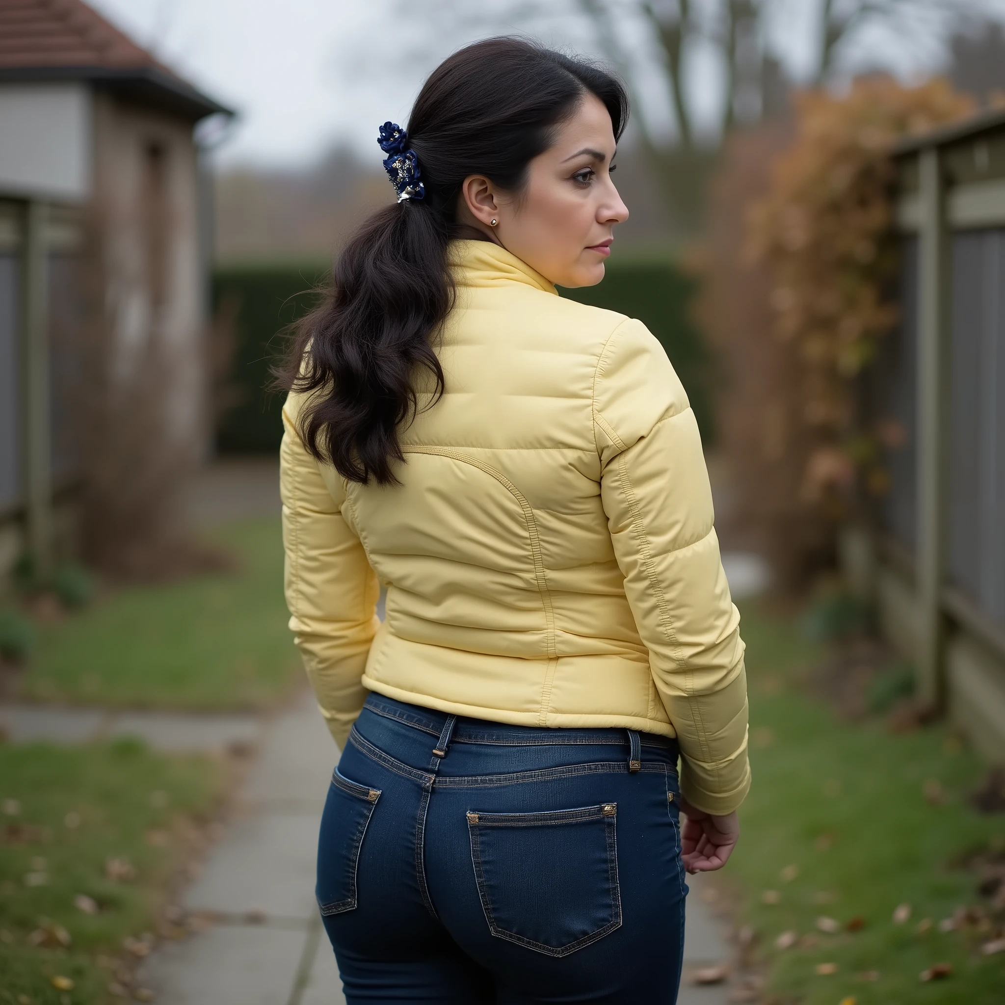 Photorealistic full-body rear portrait of a mature European woman, shot strait from behind, long dark wavy hair loosely pinned back with a dark blue claw clip, glancing over her shoulder with mature beauty. Wearing tight dark blue jeans that emphasize her wide hips and buttocks in contrast to her slim waist, paired with a tailored fitted pastel yellow down jacket. Standing in a quiet, secluded backyard area. Soft blurred background enhances focus on the woman. Captured in overcast autumn daylight, cinematic and ultra-detailed, realistic 8k photography style.
