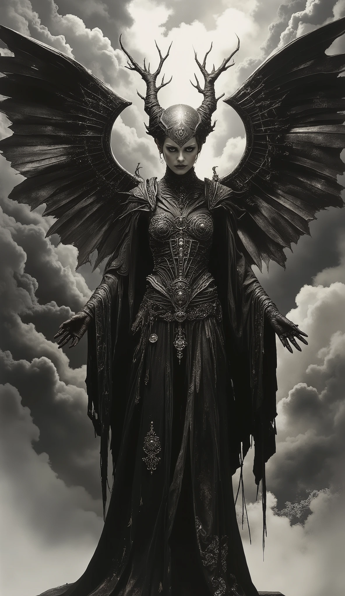 A dramatic and mystical Goddess of Doom stands at the center of the image, exuding an aura of power and mystery. The Colorless gray Grim Beauty is adorned in dark, intricately detailed attire that accentuates their figure. Large, imposing black wings unfurl from their back, creating a striking contrast against the swirling stormy clouds in the background. The clouds form dynamic, almost sculptural shapes that add a sense of movement and drama to the scene. The person's attire includes a detailed, dark corset and a flowing skirt with intricate patterns that suggest an ethereal, fantasy-inspired design. The atmosphere is dark and ominous with monochromatic tones, evoking a sense of mystery and the supernatural. The entire composition, with its swirling clouds and dark, angelic figure, suggests themes of fantasy and otherworldly power.