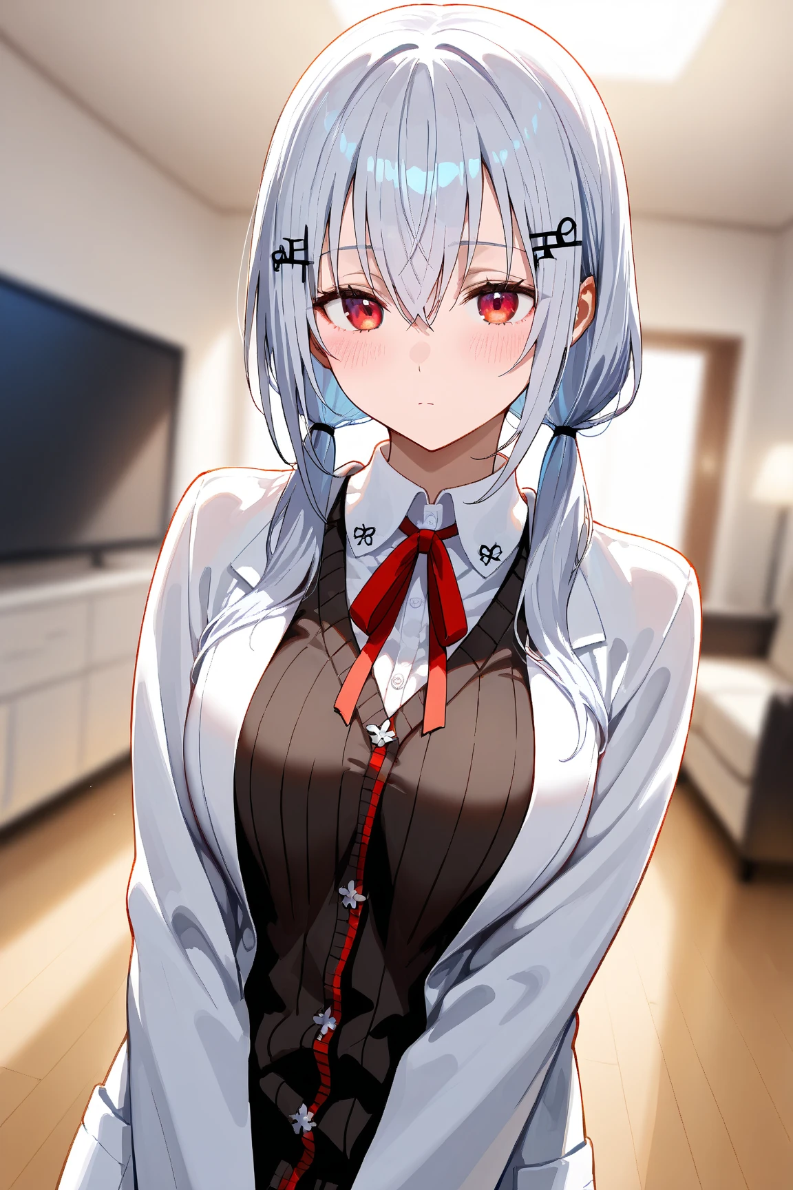 hakase fuyuki , silver hair , hair between eyes , hairclip , low twintails , red eyes ,