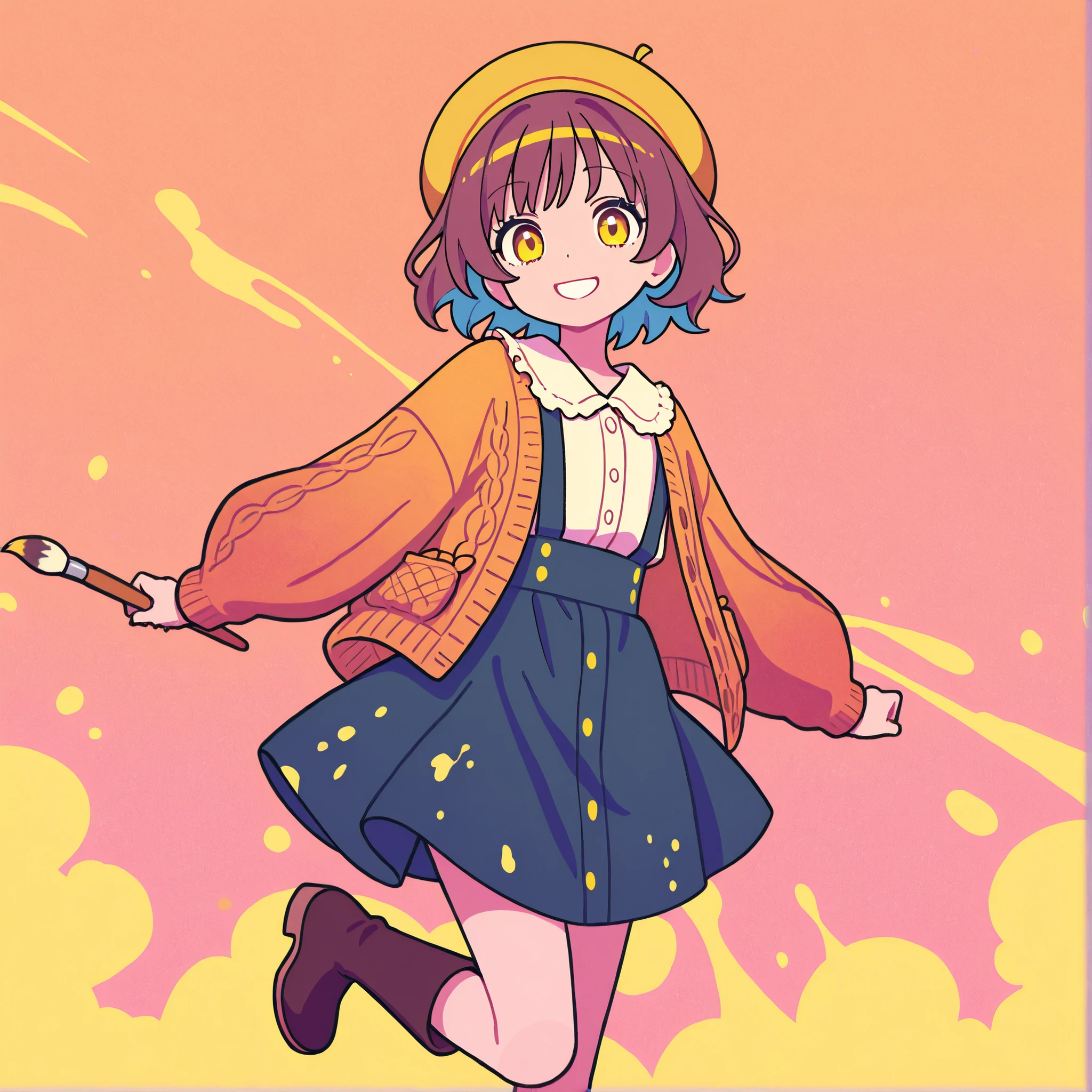 Colorful background with、paint sprinkled with a paintbrush、Super Detailed Illustration、super precise performance、masterpiece、Highest Quality、ultra high resolution、high resolution、one girl、solo、Puff Sleeve Ruffle Collar Blouse, Terracotta Color Suspender Skirt, short boots,knitted cardigan with a paintbrush flutters, Mustard Yellow Beret,healthy smile,