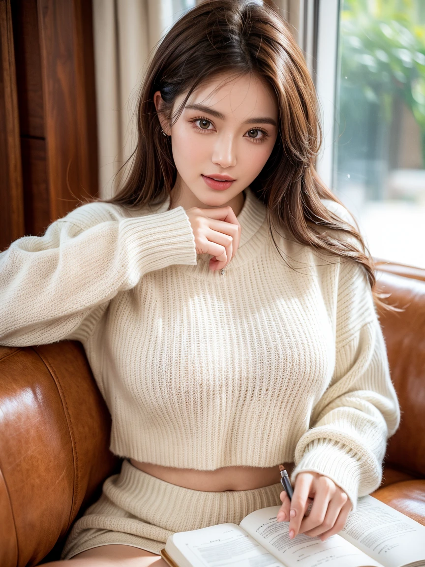 a 18 year old woman, she is the most beautiful actress in the world, the perfect proportions of her body, tight t- shirt is worn on her upper body, her  of her lower body are , the inside her  between her opened legs is , her detailed  and her pubic hair, she is sitting on a sofa of the living room, her  is under her , , best quality, highly detailed, masterpiece, ultra high res, photo realistic, 8k