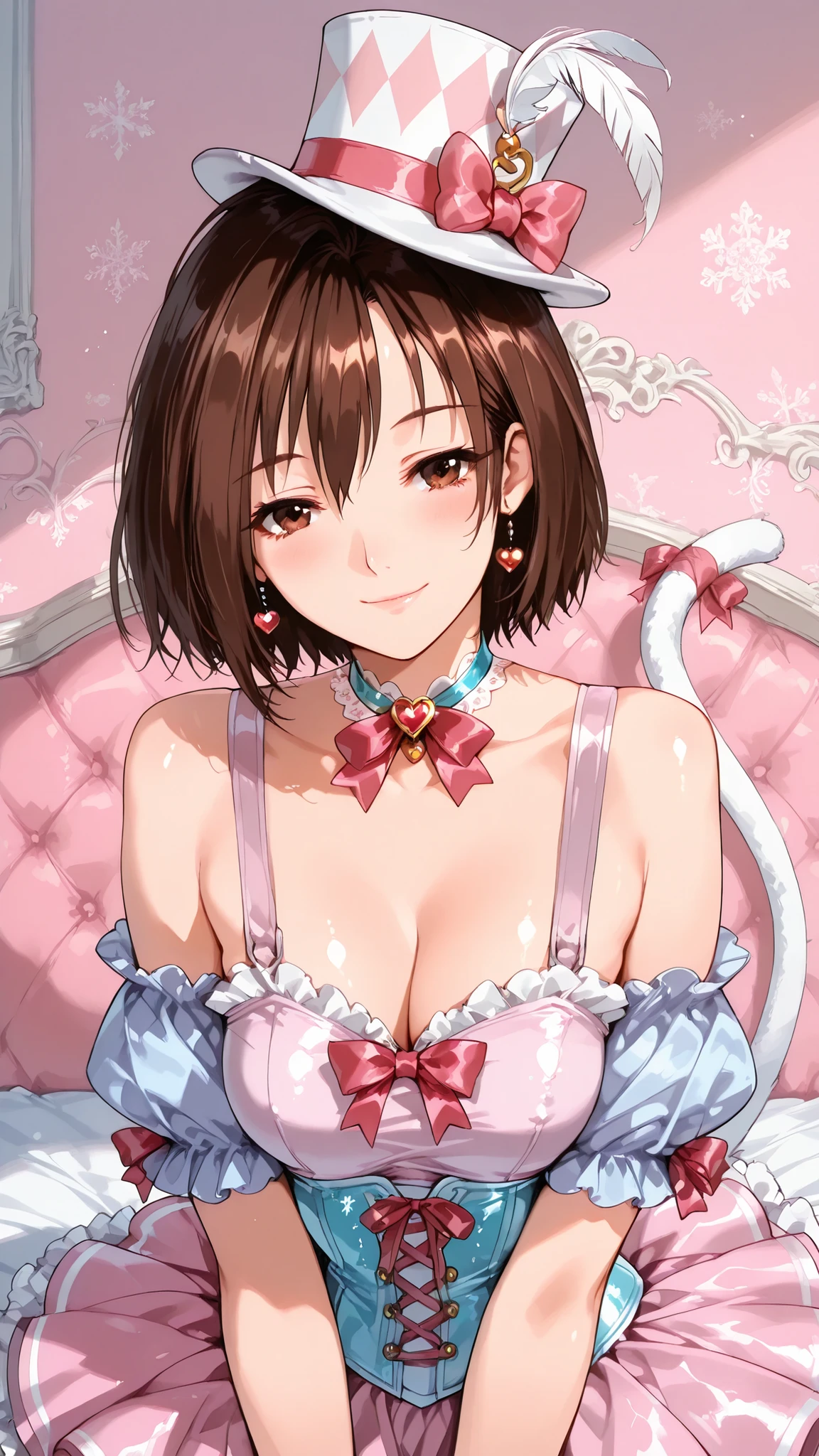 solo, Mizuho, brown hair, short hair, brown eyes, medium breast, mature woman, Tight waist、Small waist、shiny Skin , (upper body), sexy, score_9, score_8_up, score_7_up, source_anime,(extremely detailed CG), (best quality)  sexy, light smile,  kawaii circus costume, beautiful anime girl, small silk top hat with ribbon and feather, candy stripe corset (pink & white) with heart frills, off-shoulder puff sleeves, 3-layer frilly tutu skirt with star sequins, ribbon tail on back, jewel choker, lace-up patent boots, vibrant pastel colors, studio lighting, ultra-detailed, masterpiece, illustration,