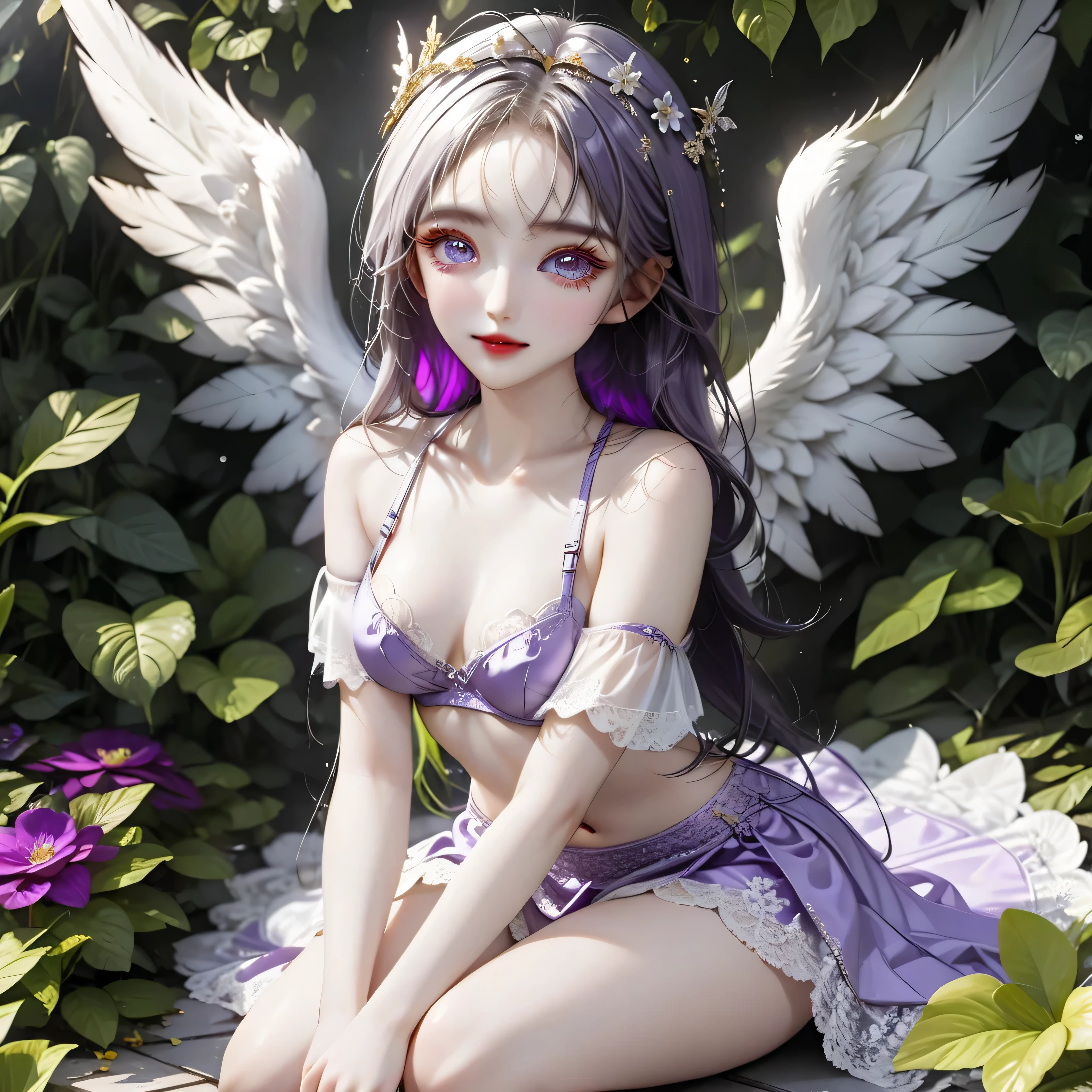 ((Top quality, 8K, best quality, masterpiece, ultra realistic)), ((Beautiful angel with odd eyes)), ((Heterochromia, golden eyes, silver eyes)), ((Sparkling and detailed eyes)), (Very precise eyes), (Long hair with a mixture of platinum and purple), Princess cut, ((Translucent and shining white skin)), Shiny skin, Very white skin, ((Very small breasts)), ((Beautiful woman wearing a lacy purple quarter cup bra with a clearly visible intricate lace pattern)), ((Crimson wrap (wearing a skirt), ((a beautiful flower garden), ((lime green quarter cup bra)), ((sitting with her legs stretched out, with wings on either side of her back)), ((anatomically accurate depiction)), ((the exact number of fingers, detailed depiction down to the tips of the fingers)), gaze, ((angel wings)),blushing face, ((the surroundings are sparkling)), smile, very beautiful, fantasy world, very beautiful eyes
