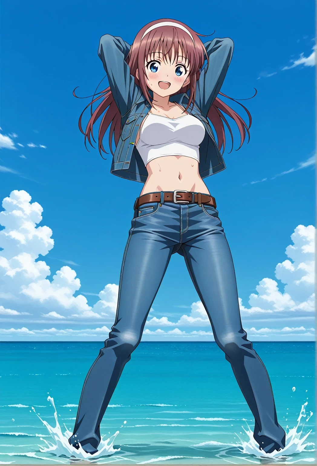 score_9, score_8_up, score_7_up, source_anime, highres, hi res, ((best quality, top quality, perfect quality, Highest Quality, amazing quality)), {{masterpiece}}, {{an extremely delicate and beautiful}}, 2d, intricate details, official style, anime, 8k, anime style, official_anime, official art, digital painting, cell shading, soft shading, high resolution, soothing tones, Subdued Color, Soft cinematic light, adobe lightroom, photolab, HDR, intricately and hyper-detailed, ((high quality animation)), 1 girl, Alone, solo, ((ocean)), tsunami, on the water, day, sunny, outdoors, sky, windy, HitomiDOA, brown hair, blue eyes, long hair, sidelocks, hairband, white hairband, anime screencap, , ((deep blue denim jacket)), white camisole top, crop top, white crop top, best quality, hyper-detailed jeans, ((blue jeans:1.9)), (dark blue jeans:0.6), full medium body, medium shot, Open mouth, smiling, happy face, blush, sweat, standing, ((arms behind head:6.0)), bowlegged, jumping pose, action, looking at viewer, , Bend knees slightly, straight-on front view, belt, brown belt