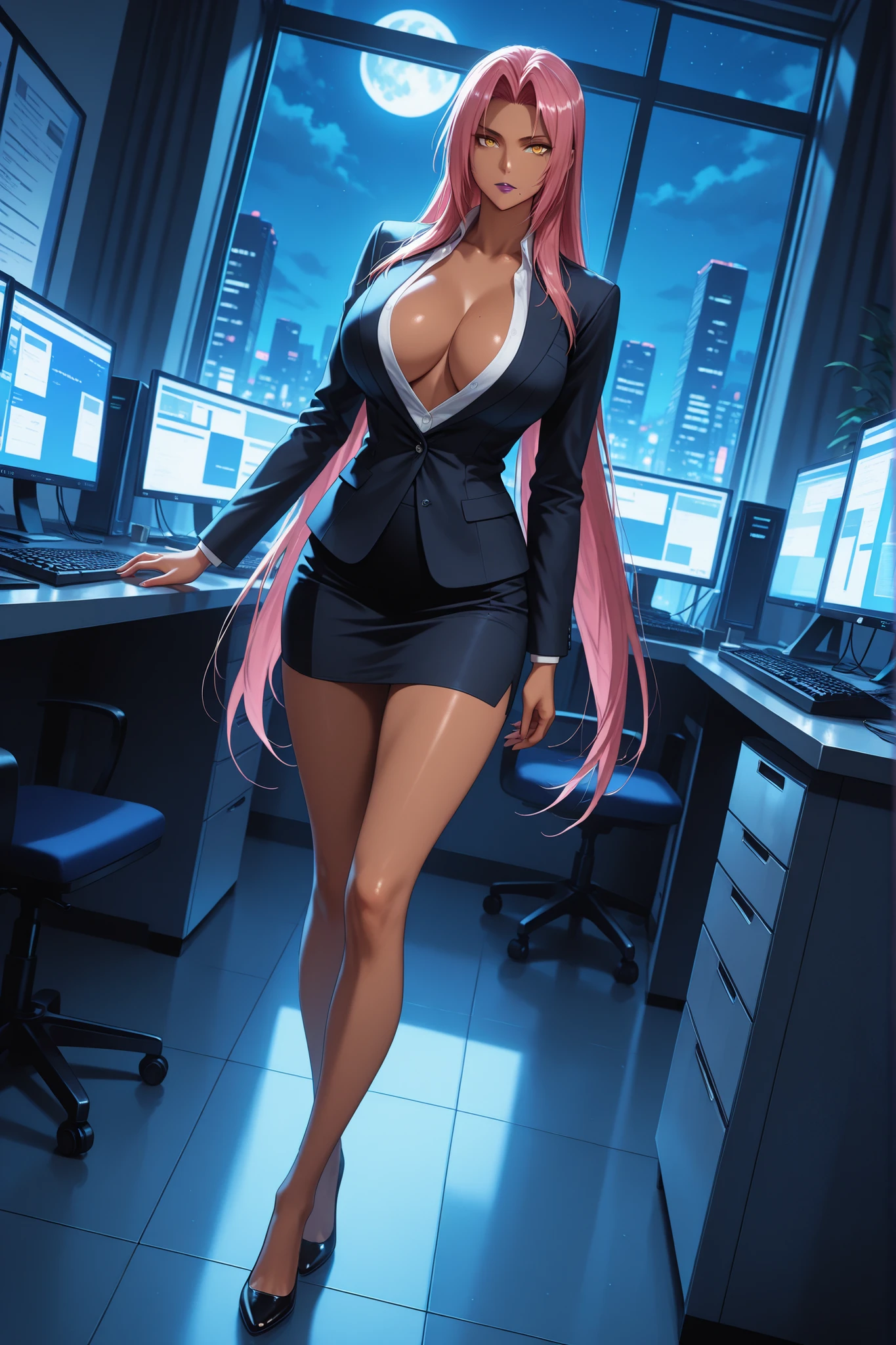 Makai Kishi, ingrid \ (taimanin murasaki\), 1girl, solo, mature female, dark-skinned female, pink hair, long hair, hair intakes, sidelocks, purple lips, mole under mouth, yellow eyes, black blazer, no bra, white button-down shirt under a blazer, pencil skirt, black miniskirt, eyesHD, high gradient eyes, detailed eyes, high definition eyes, the girl looks directly at the viewer, (masterpiece, detailed:1.2), dutch angle, full body view, the girl is very beautiful, the girl has an incredibly beautiful face, detailed skin image. Night, business office, a girl is standing in the middle of the office, surrounded by office desks and office supplies, computers, keyboards, and chairs. A full moon is shining through the window, and the room is well-lit, highlighting the girl's beauty, best quality, good quality, proper lighting, proper shadows, extremely detailed CG unity 8k wallpaper, perfect lighting, colorful, ultra-high resolution, detailed background, masterpiece, best quality, vibrant, very aesthetic, high contrast, semrealistic, newest