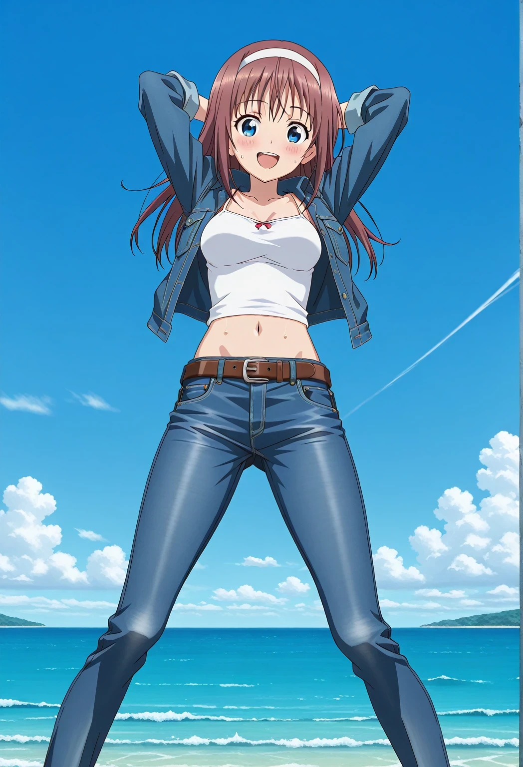 score_9, score_8_up, score_7_up, source_anime, highres, hi res, ((best quality, top quality, perfect quality, Highest Quality, amazing quality)), {{masterpiece}}, {{an extremely delicate and beautiful}}, 2d, intricate details, official style, anime, 8k, anime style, official_anime, official art, digital painting, cell shading, soft shading, high resolution, soothing tones, Subdued Color, Soft cinematic light, adobe lightroom, photolab, HDR, intricately and hyper-detailed, ((high quality animation)), 1 girl, Alone, solo, ((ocean)), tsunami, on the water, day, sunny, outdoors, sky, windy, HitomiDOA, brown hair, blue eyes, long hair, sidelocks, hairband, white hairband, anime screencap, , ((deep blue denim jacket)), white camisole top, crop top, white crop top, best quality, hyper-detailed jeans, ((blue jeans:1.9)), (dark blue jeans:0.6), full medium body, medium shot, Open mouth, smiling, happy face, blush, sweat, standing, ((arms behind head:6.0)), bowlegged, jumping pose, action, looking at viewer, , Bend knees slightly, straight-on front view, belt, brown belt