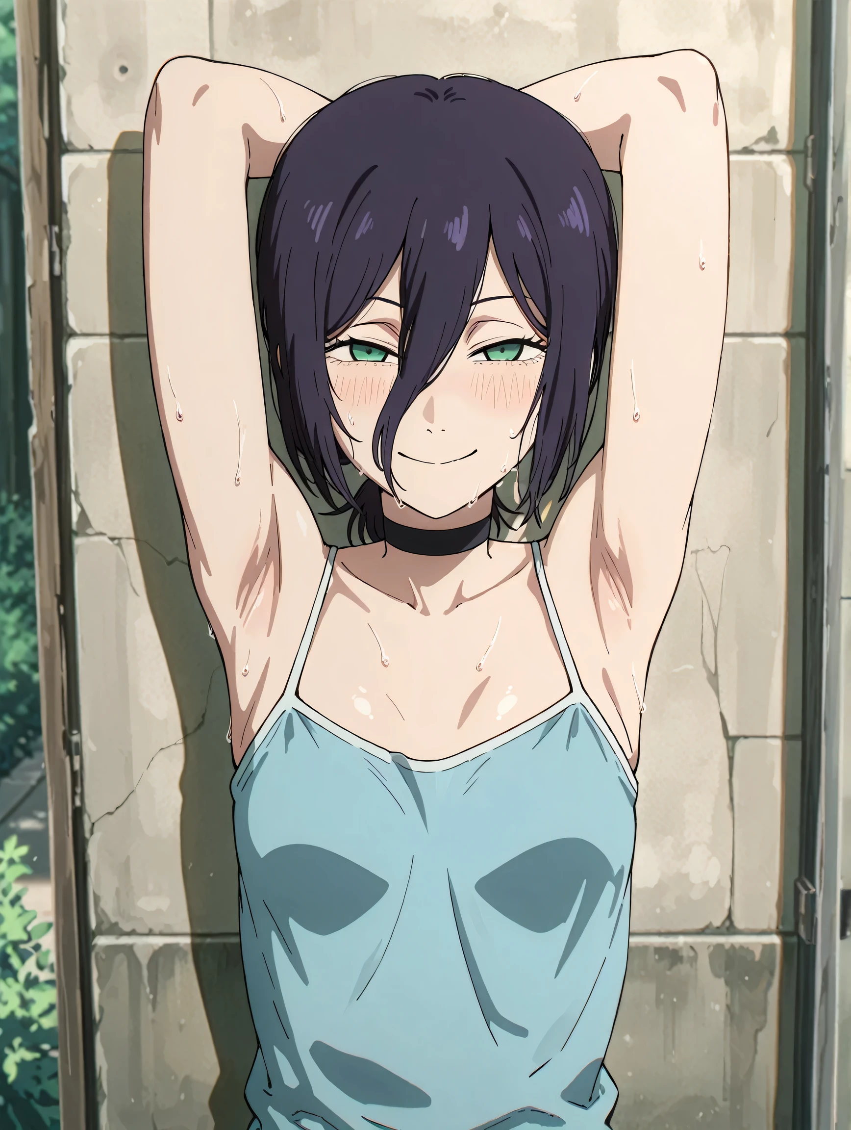 masterpiece, best quality, amazing quality, anime screencap, anime coloring, 1girl, solo, rezeanime, anime, chainsaw man, reze \(chainsaw man\), green eyes, medium hair, hair between eyes, single hair bun, black choker, blue camisole, spaghetti straps, skindentation, (sweaty:0.7), arms behind head, armpits, armpits focus, head towards viewer, looking at viewer, smile, narrowed eyes, blush, closed mouth, outdoors, day, against the wall