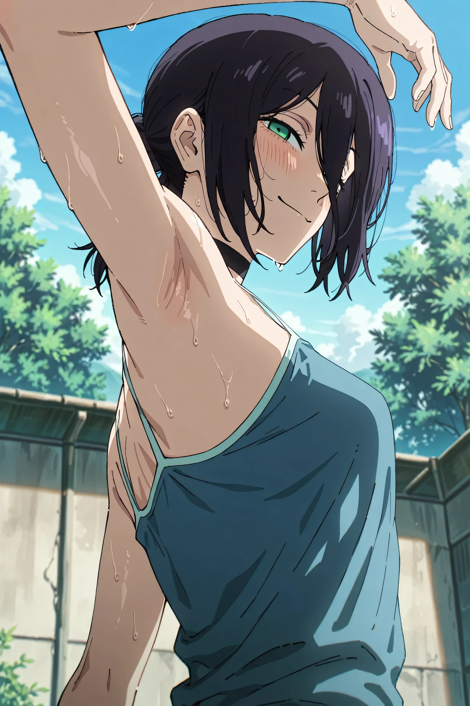 masterpiece, best quality, amazing quality, anime screencap, anime coloring, 1girl, solo, rezeanime, anime, chainsaw man, reze \(chainsaw man\), green eyes, medium hair, hair between eyes, single hair bun, black choker, blue camisole, spaghetti straps, skindentation, (sweaty:0.7), arm up, raised arm, armpit, armpit focus, head towards viewer, looking at viewer, smile, narrowed eyes, blush, closed mouth, outdoors, day, from side, from below, (from behind:1.2)