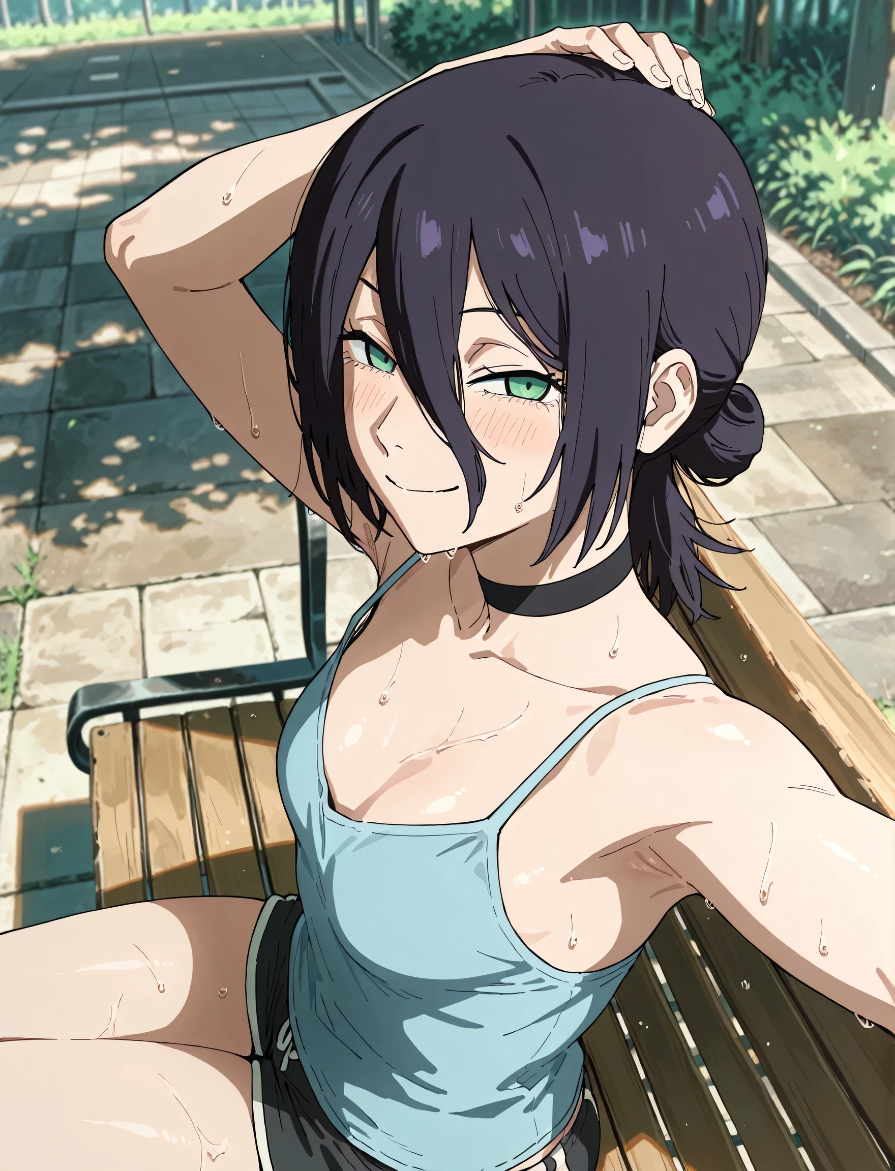 masterpiece, best quality, amazing quality, anime screencap, anime coloring, 1girl, solo, rezeanime, anime, chainsaw man, reze \(chainsaw man\), green eyes, medium hair, hair between eyes, single hair bun, black choker, blue camisole, spaghetti straps, skindentation, (sweaty:0.7), armpit, armpit focus, head towards viewer, looking at viewer, smile, narrowed eyes, blush, closed mouth, outdoors, day, from side, from above, sitting on a bench, short shorts