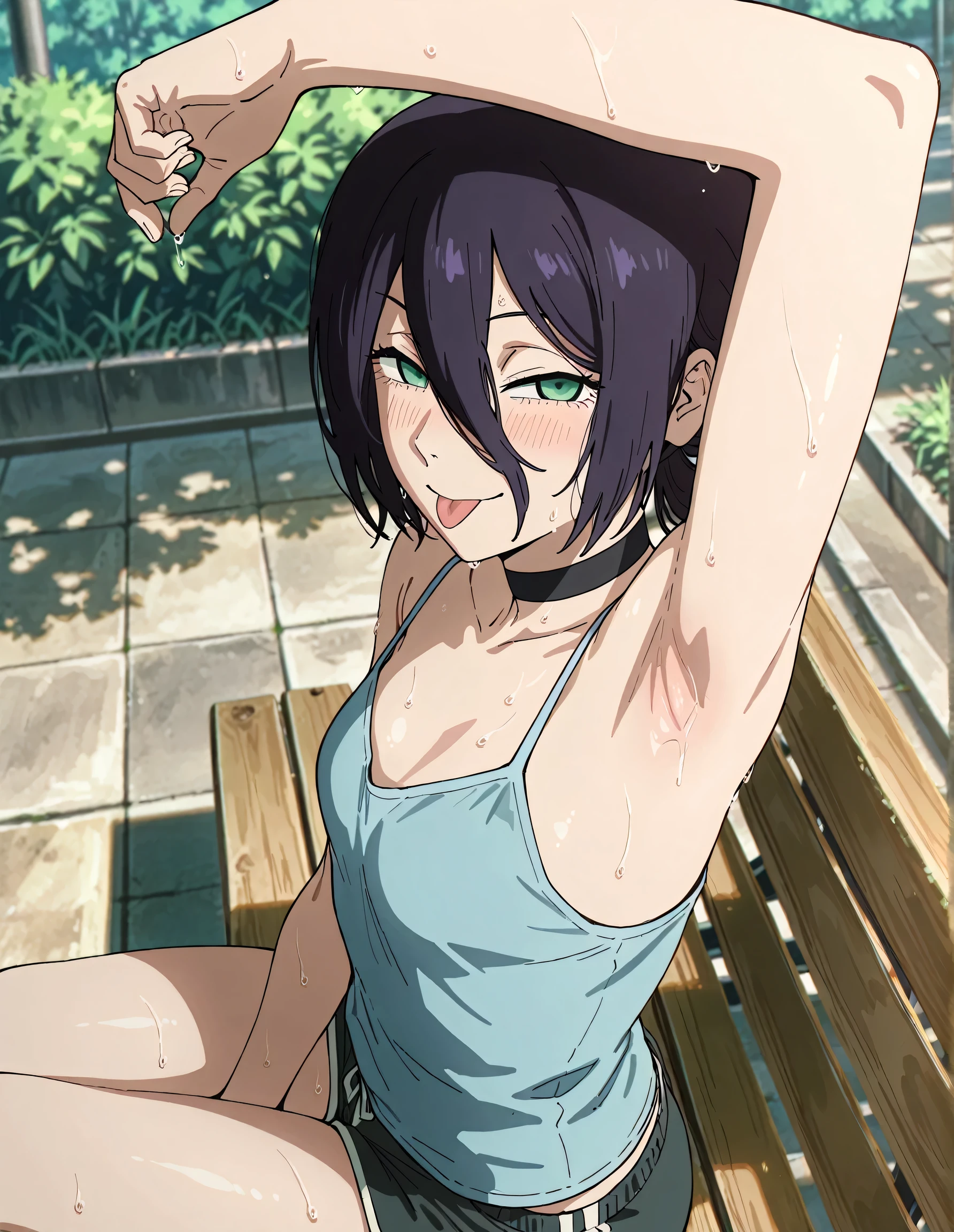 masterpiece, best quality, amazing quality, anime screencap, anime coloring, 1girl, solo, rezeanime, anime, chainsaw man, reze \(chainsaw man\), green eyes, medium hair, hair between eyes, single hair bun, black choker, blue camisole, spaghetti straps, skindentation, (sweaty:0.7), arm on own head, armpit, armpit focus, head towards viewer, looking at viewer, smile, narrowed eyes, blush, closed mouth, outdoors, day, from side, from above, sitting on a bench, short shorts, tongue, tongue out, showing tongue, teasing, five fingers 