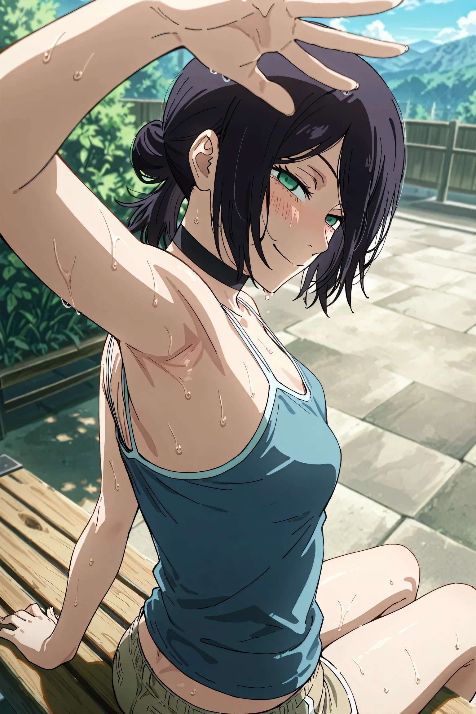 masterpiece, best quality, amazing quality, anime screencap, anime coloring, 1girl, solo, rezeanime, anime, chainsaw man, reze \(chainsaw man\), green eyes, medium hair, hair between eyes, single hair bun, black choker, blue camisole, spaghetti straps, skindentation, (sweaty:0.7), arm up, raised arm, armpit, armpit focus, head towards viewer, looking at viewer, smile, narrowed eyes, blush, closed mouth, outdoors, day, from side, from behind, sitting on a bench, short shorts