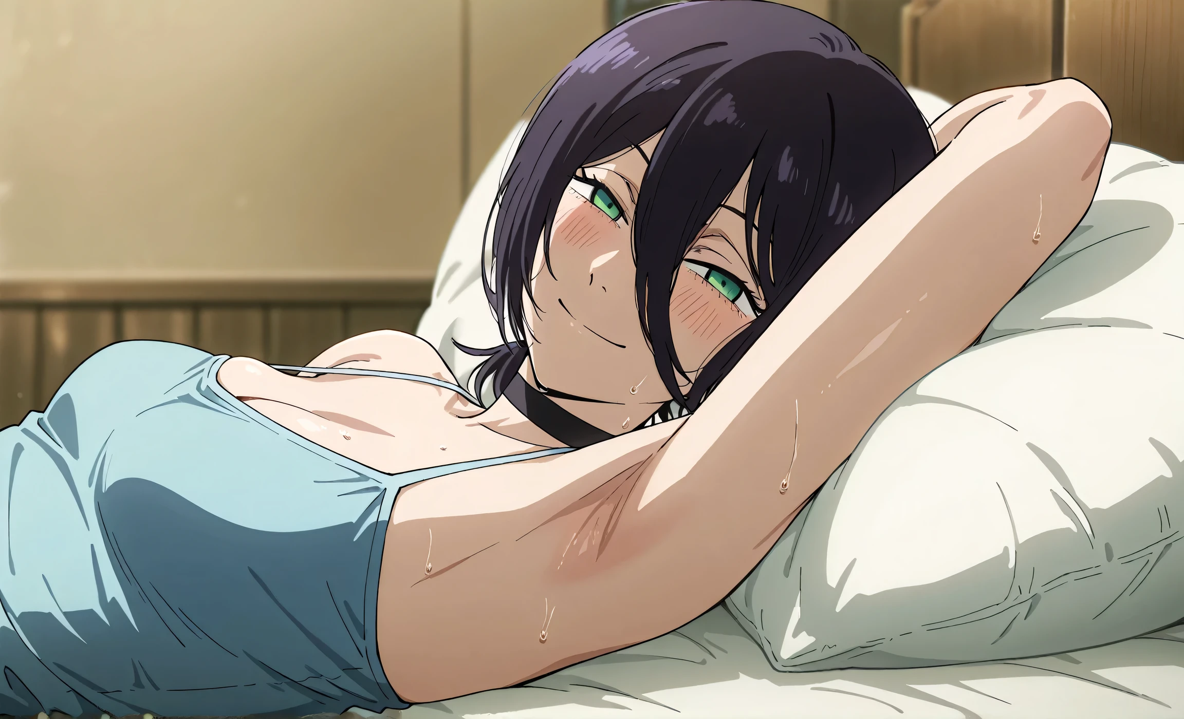 masterpiece, best quality, amazing quality, anime screencap, anime coloring, 1girl, solo, rezeanime, anime, chainsaw man, reze \(chainsaw man\), green eyes, medium hair, hair between eyes, single hair bun, black choker, blue camisole, spaghetti straps, skindentation, (sweaty:0.7), arm behind head, armpit, armpit focus, head towards viewer, looking at viewer, smile, narrowed eyes, blush, closed mouth, lying in bed, from side, sideview, pillow