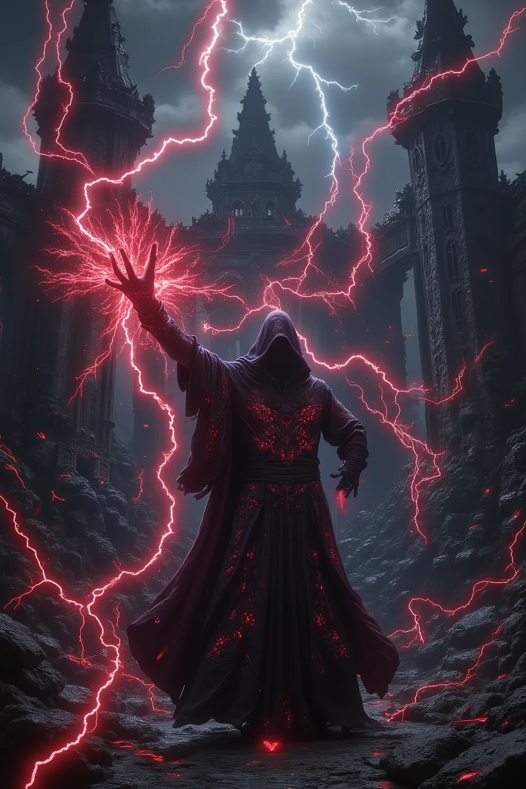 Fairy tales. Alte Burgruine. Unwetter. Rote Blitze. Wizard.