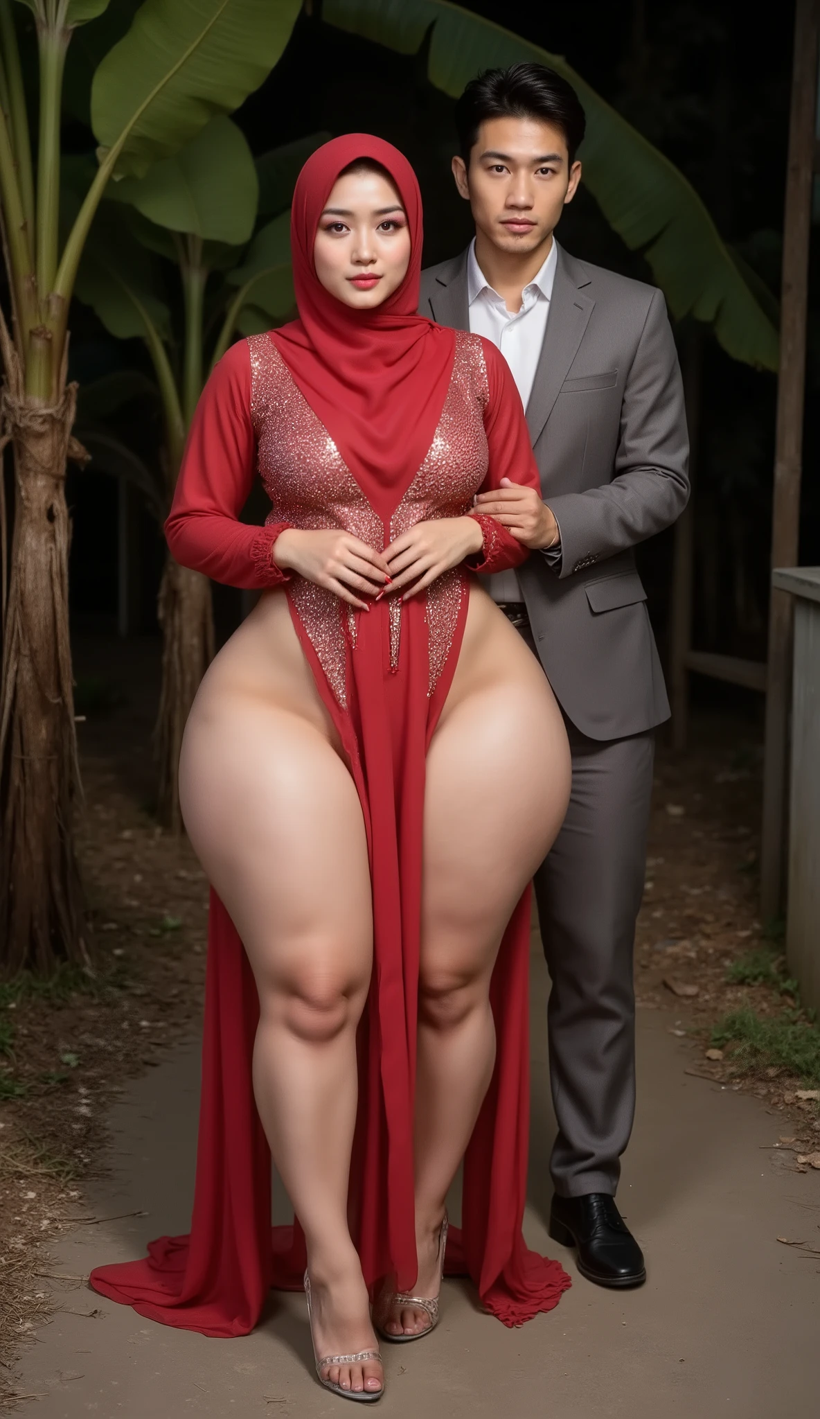 An Asian attractive mature woman with a provocative curvaceous body, is 60 years old and has a figure with prominent curves, a plump with perfect proportions curves, generous curves and plus-size, a body with an hourglass figure, her voluptuous wide hips harmonize with slender wasp waist, with wide legs and wide thighs well-shaped, and her butt in good shape, plump and shaped buttocks. She has characteristics typical of her age, slight wrinkles on her face with an elegant vintage style hijabstyle, has beautiful and fine facial features look at camera. She wear a red sparkling hijab and wears transparent glass heels. She is in a banana forest at night time, she is a bride for her young skinny son 20 years old. her young skinny son in a casual suit and black hair, He is next to her, look her face, he holds her with passion and places his hands close to her buttocks. they was captured is a modern hyperrealistic cinematic style, captured on a full body overview, with hyperrealistic details and good focus quality.