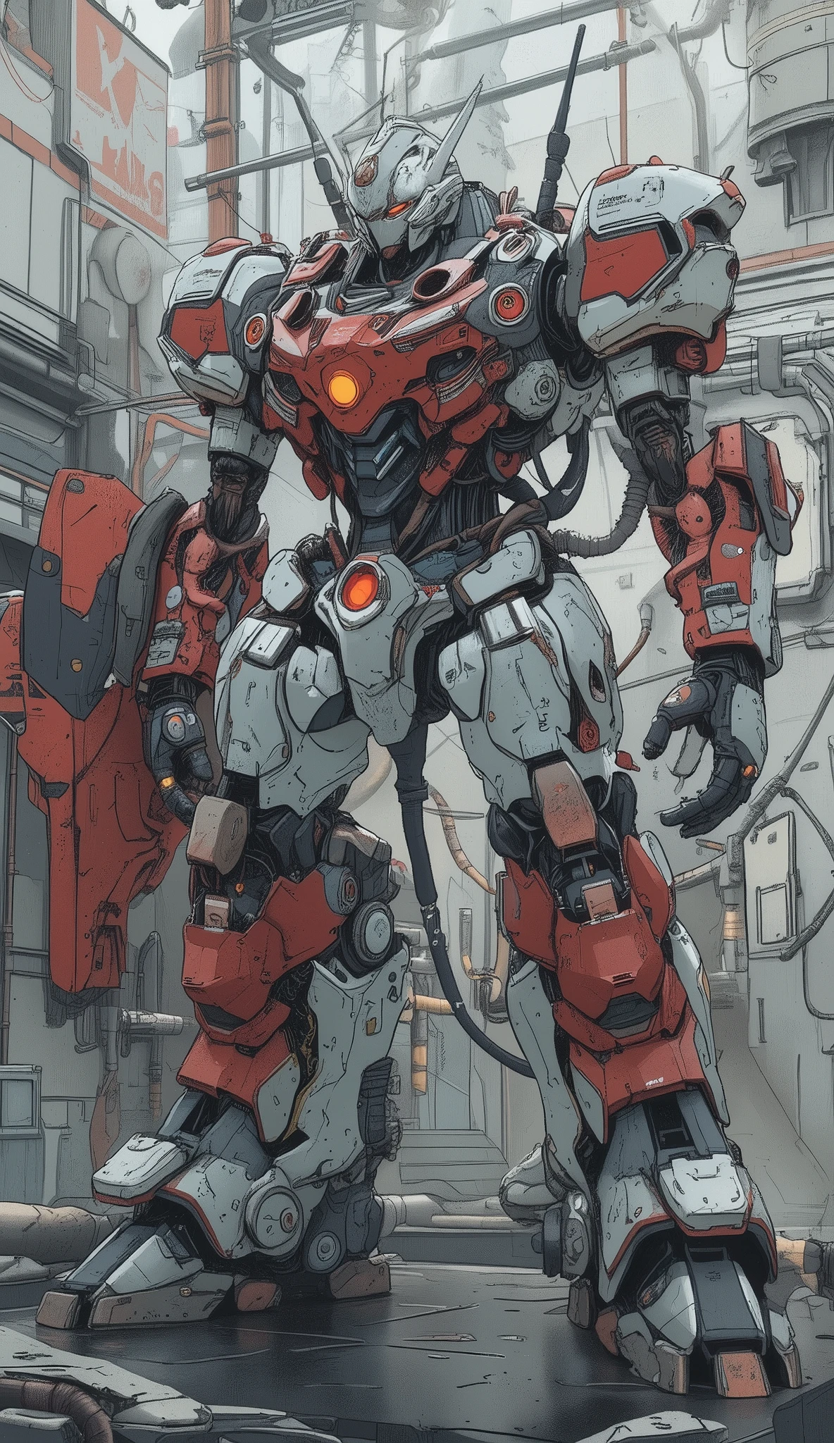 Towering, Intricate, detailed robot stand posing presence, メカニカルデザインand創造性の驚異を醸し出す. その構造は主にさまざまな機械部品andパネルで構成されています, It features 、リアリズムand複雑さに重点を置いて芸術的に組み立てられています. The robot、主に赤andグレーのカラーパレット, 、白andほのかな黒のディテールがアクセントになっています, enhances the futuristic and military look, and the large red shield labeled. On the left side of the robot, the、 "K46," 、captures an industrial aesthetic mainly reminiscent of a red and gray color palette, wiring, and、そこから露出した油圧パイプIt features す複雑な構造. shed tears, Large-scale, enhances the futuristic and military look, 戦闘態勢にあるこandを示唆しています. leg is sturdy and heavily armored,, is equipped with a sophisticated weapon system. andいうラベルの付いた大きな赤い盾が目立ちます。This work is、高い機動性and安定性を示唆する複雑なデザインのフットウェアで、Sci-fi, デザインではパワーandエレガンスの両方が強調されています.Close up of a robot model on a stand, Gundam style, fused mecha parts , Mecha Robot Details , extreme Gundam, Gundam armor, Action Figure Mecha, barbatos Gundam, Gundam is windmill shaped, Gundam robot, Mecha limbs, Cool Mecha Style, Gundam, A giant mecha robot, dutch windmill Gundam, on a Gundam、mobile suit gund4m,