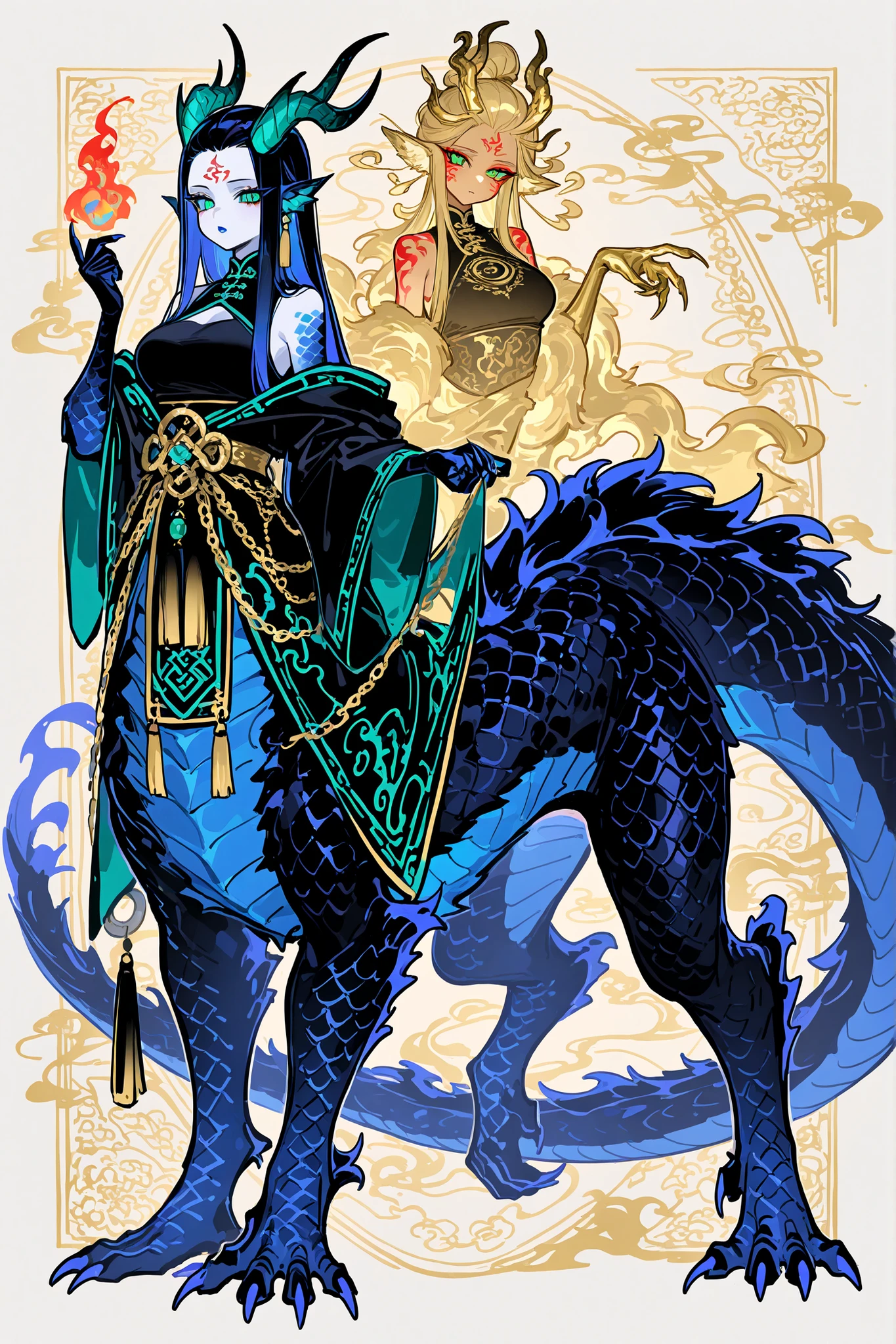 (dragon taur, centauroid, monster girl,) Girl is Azure dragon Lúng,she is hybrid of Eastern dragon. She has a sporty feminine bodybuilding. Her face has asian features. She has green jade narrow eyes. She has pale skin covered blue dragon scales,with Nazar-tracery. She has red fire tattoos all over her body. She has red stripes on her cheeks and forehead. She has blue lipstick, she has a gold sharp fangs. She has long eyebrows. She has short jet-black straight hair with indigo blue highlights, her bangs are pinned up and pulled back. She has four golden curved branched dragon horns are located on the forehead. She has long pointy blue fluffy dragon ears. She has a  immensely long mighty scaly dragon tail with black mane along the spine and black fluffy tassel on tip of her tail. She has long golden crescent-shaped claws on her scaly azure blue limbs. She's wearing a turquoise Chinese traditional coat tangzhuang. She wears turquoise loose-fitting trousers. She she's barefoot. She holding big scaly dragon egg. (On the background: Chinese temple.)