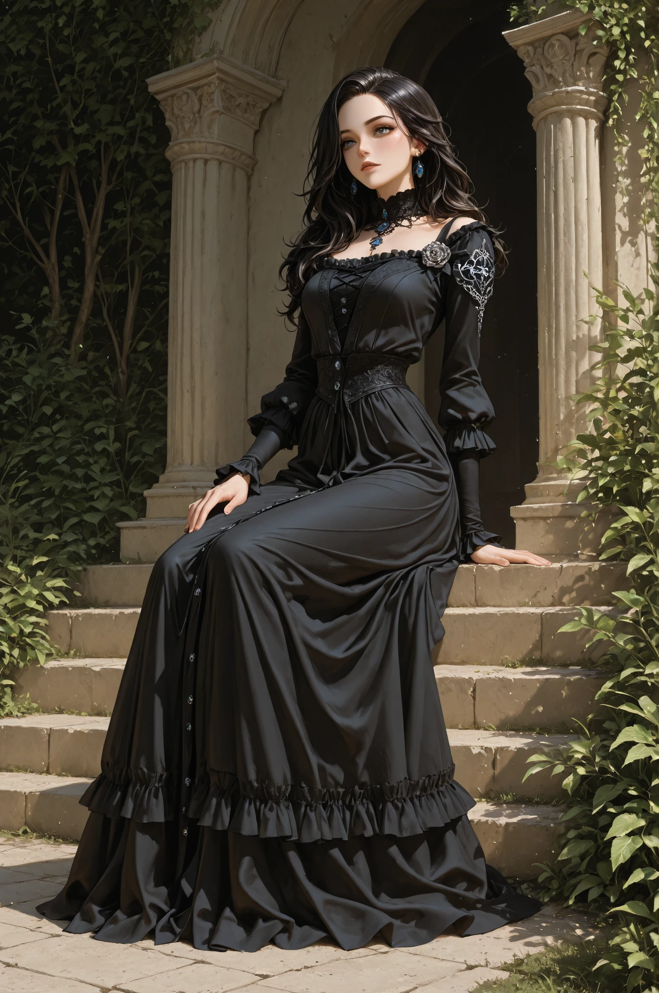 (8K、RAW Photos、Highest quality、masterpiece:1.2)、(Realistic、Photorealistic)、1 Girl、((Castle、smile、Black Dress、Sandals、whole body、Big dress、Frills、、Look forward、Are standing))、