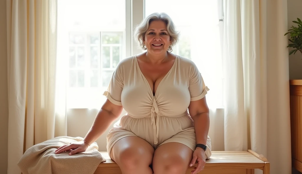 A 60 year old curvy granny with massive huge giant macromastia saggy  
