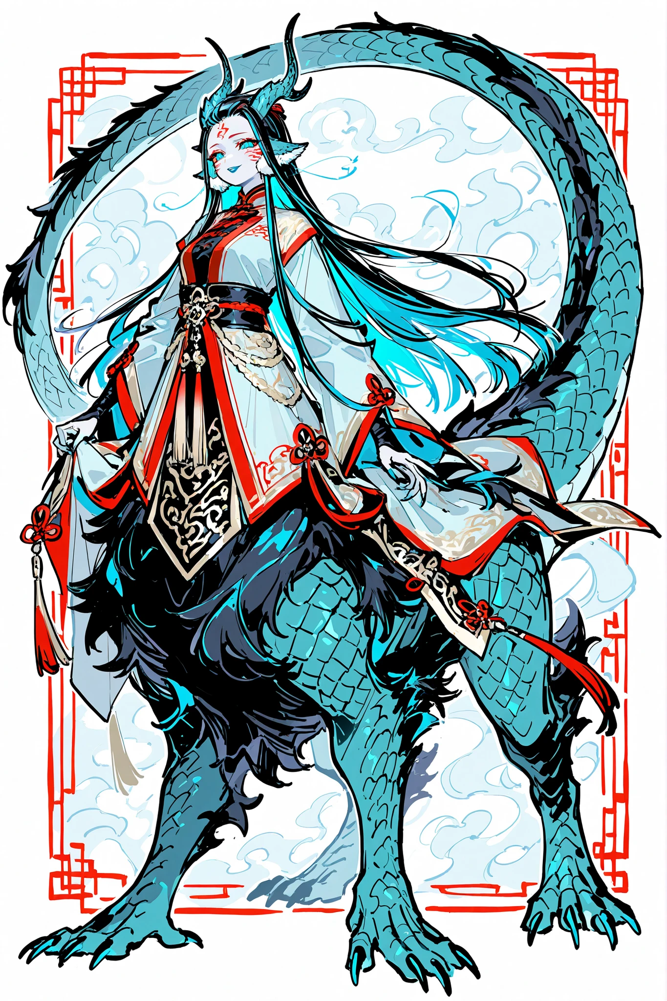 (dragon taur, centauroid, monster girl,) Girl is Azure dragon Lúng,she is hybrid of Eastern dragon. She has a sporty feminine bodybuilding. Her face has asian features. She has green jade narrow eyes. She has pale skin covered blue dragon scales,with Nazar-tracery. She has red fire tattoos all over her body. She has red stripes on her cheeks and forehead. She has blue lipstick, she has a gold sharp fangs. She has long eyebrows. She has short jet-black straight hair with indigo blue highlights, her bangs are pinned up and pulled back. She has four golden curved branched dragon horns are located on the forehead. She has long pointy blue fluffy dragon ears. She has a  immensely long mighty scaly dragon tail with black mane along the spine and black fluffy tassel on tip of her tail. She has long golden crescent-shaped claws on her scaly azure blue limbs. She's wearing a turquoise Chinese traditional coat tangzhuang. She wears turquoise loose-fitting trousers. She she's barefoot. She holding big scaly dragon egg. (On the background: Chinese temple.)