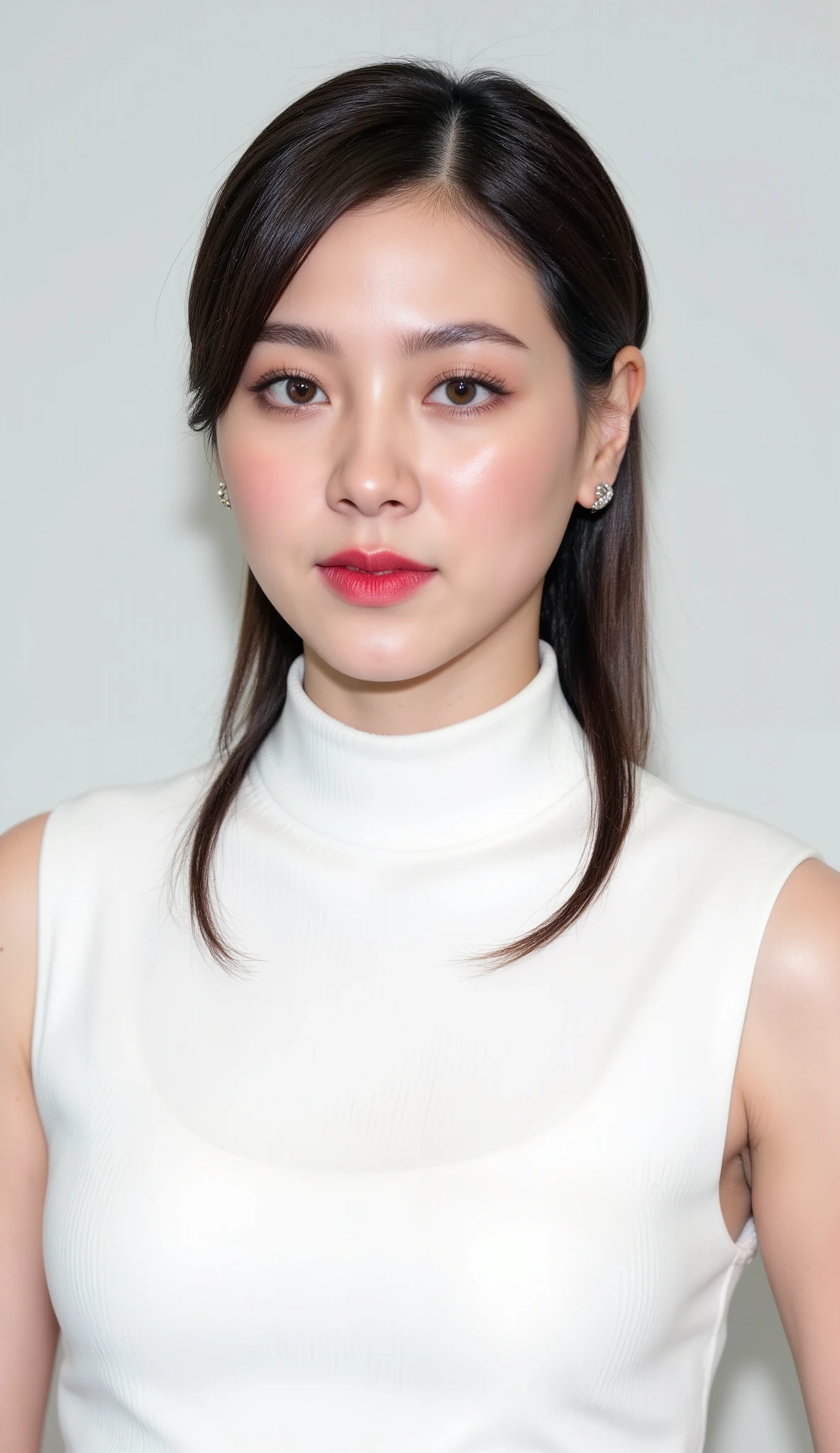 The image shows a person with dark hair styled in a sleek manner, parted in the middle and gently falling to each side. They are wearing a white high-neck top with subtle vertical ribbed detailing, suggesting a formal or semi-formal attire. The fabric of the top appears slightly sheer with lines of texture adding to the visual interest. The individual is centered against a clean, minimalist white background, giving the image a crisp and professional feel. A small earring can be seen in the person's ear, a modest accessory that complements the understated elegance of the attire. The overall mood is polished and refined, suitable for a portrait or professional headshot.