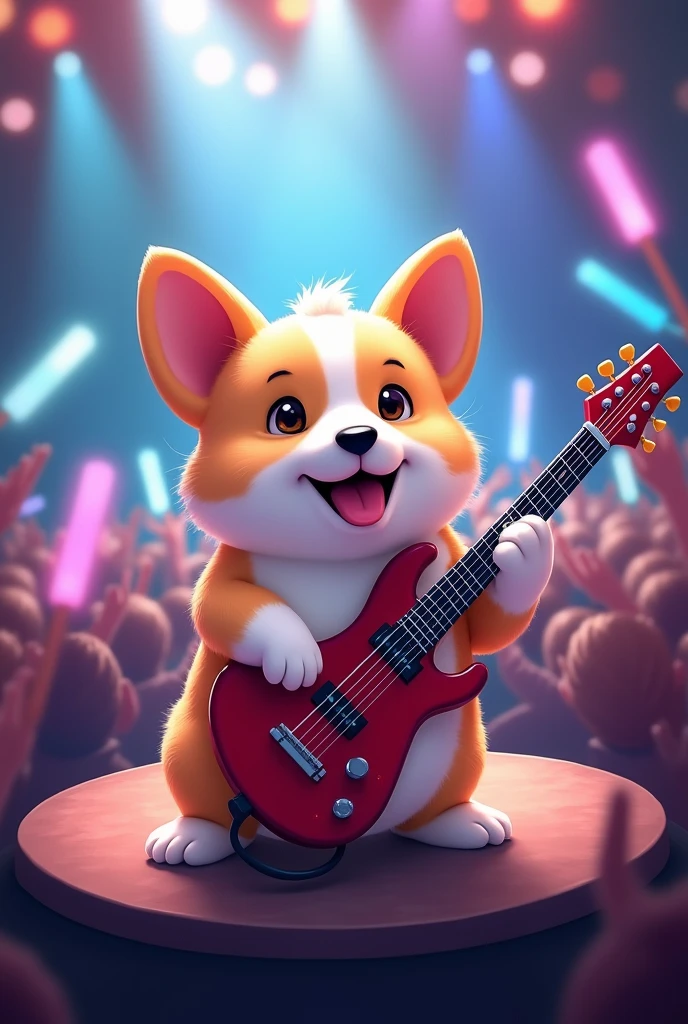 Chibi corgi playing red guitar on rock concert stage, colorful spotlights, cheering crowd with glowing sticks
