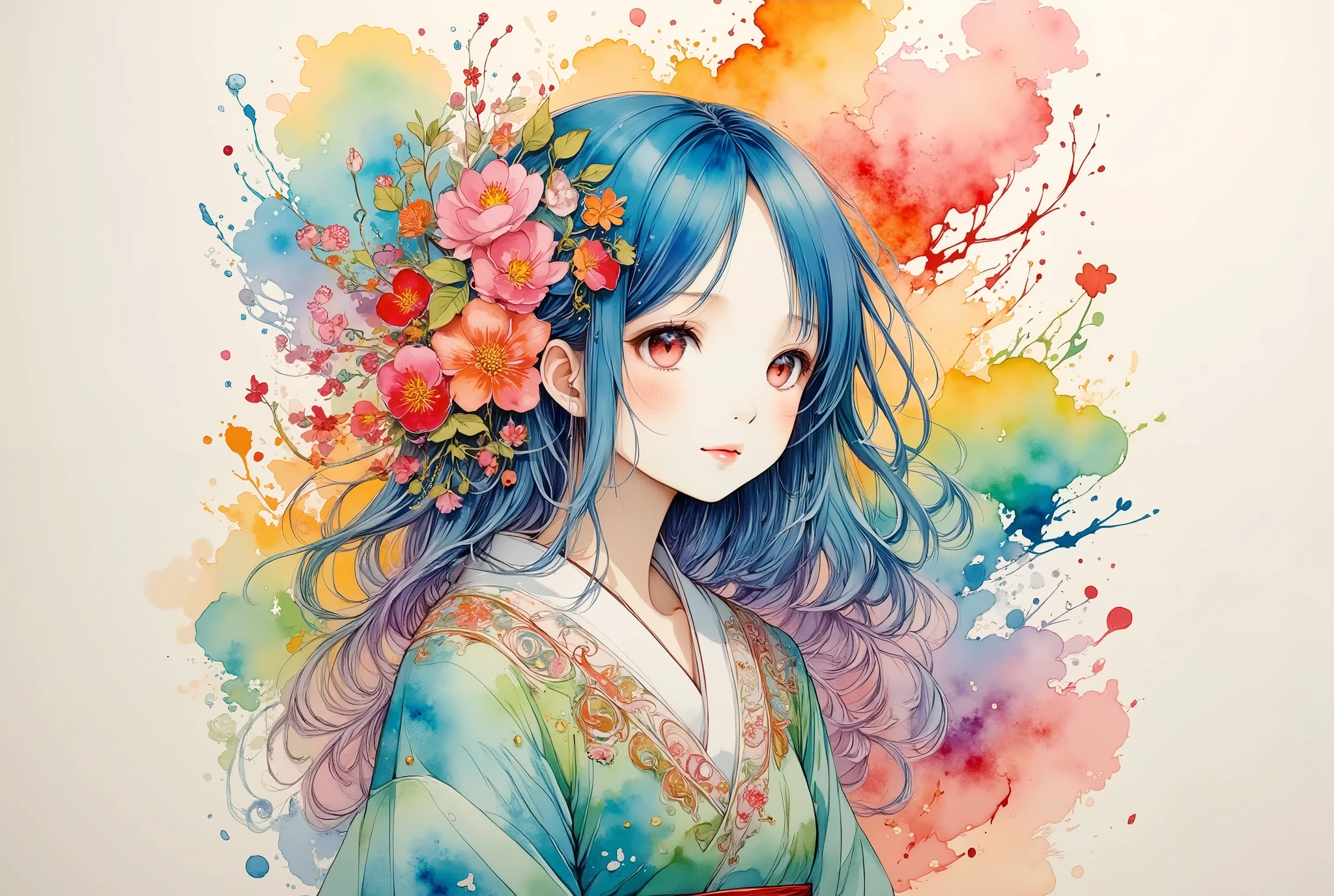 (Harry Clarke (Harry Clarkee) style:0.5),(Santiago Carsoso Style:0.7),
1 girl,
BREAK Flower Background,(Floral foreground:1.6),( blurred background:1.7),from_side,人物をmiddle心とした構図,Look up ,(Picture:1.4),(actually:1.5),middle_shooting,stare at the audience,(blurry foreground:1.5),