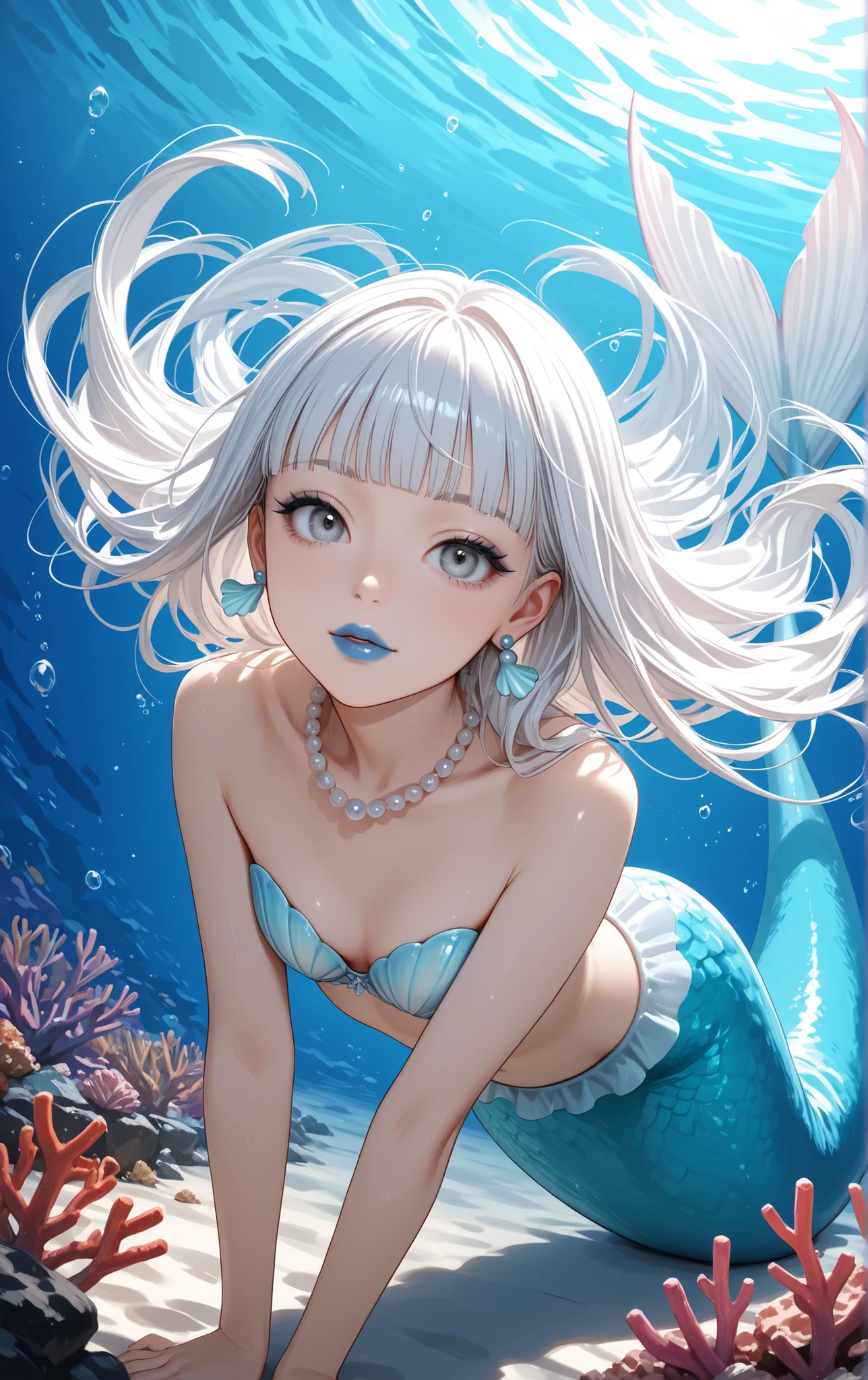 score_9, score_8_up, score_7_up, score_6_up, 
1girl, teen girl, mermaid, vvery elegant shell bra, white hair, hime-cut hair, straight hair, long hair, grey eyes, small, long eyelashes, pearl necklace, blunt bangs, young adult, coral earrings, blue lips, swimming gracefully, dynamic pose, dynamic angle, angled shot, beautiful underwater scenery