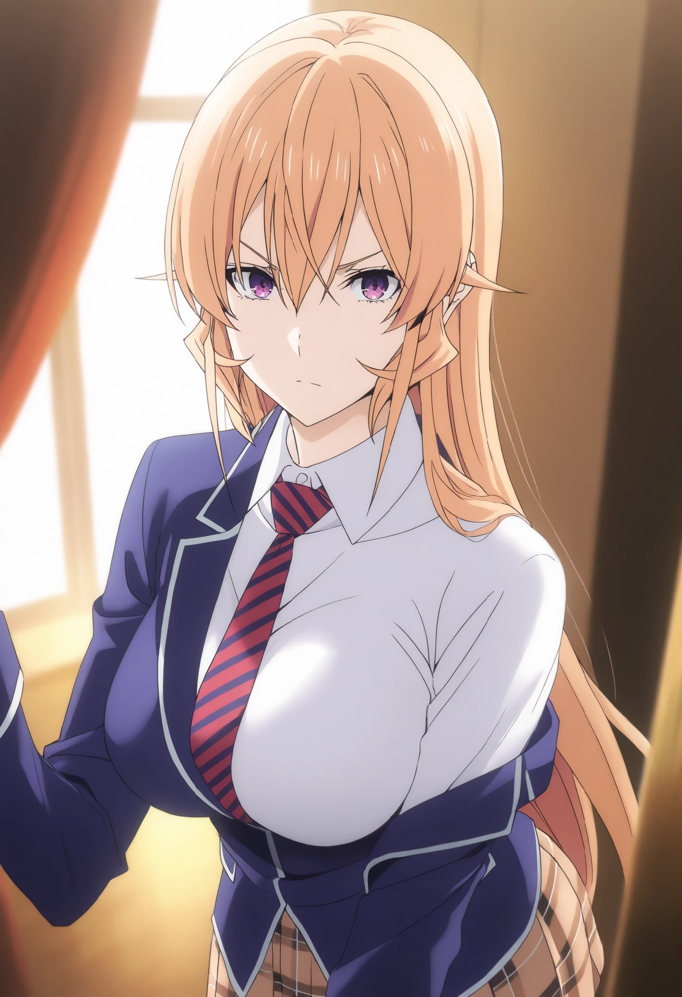 masterpiece,best quality,Nakiri Erina, long hair,blonde hair,hair between eyes,purple eyes,school uniform,blue jacket,blazer,wing collar,red striped necktie,white shirt,collared shirt,long sleeves,large breasts,,mini brown plaid skirt,blue thighhighs,, standing 