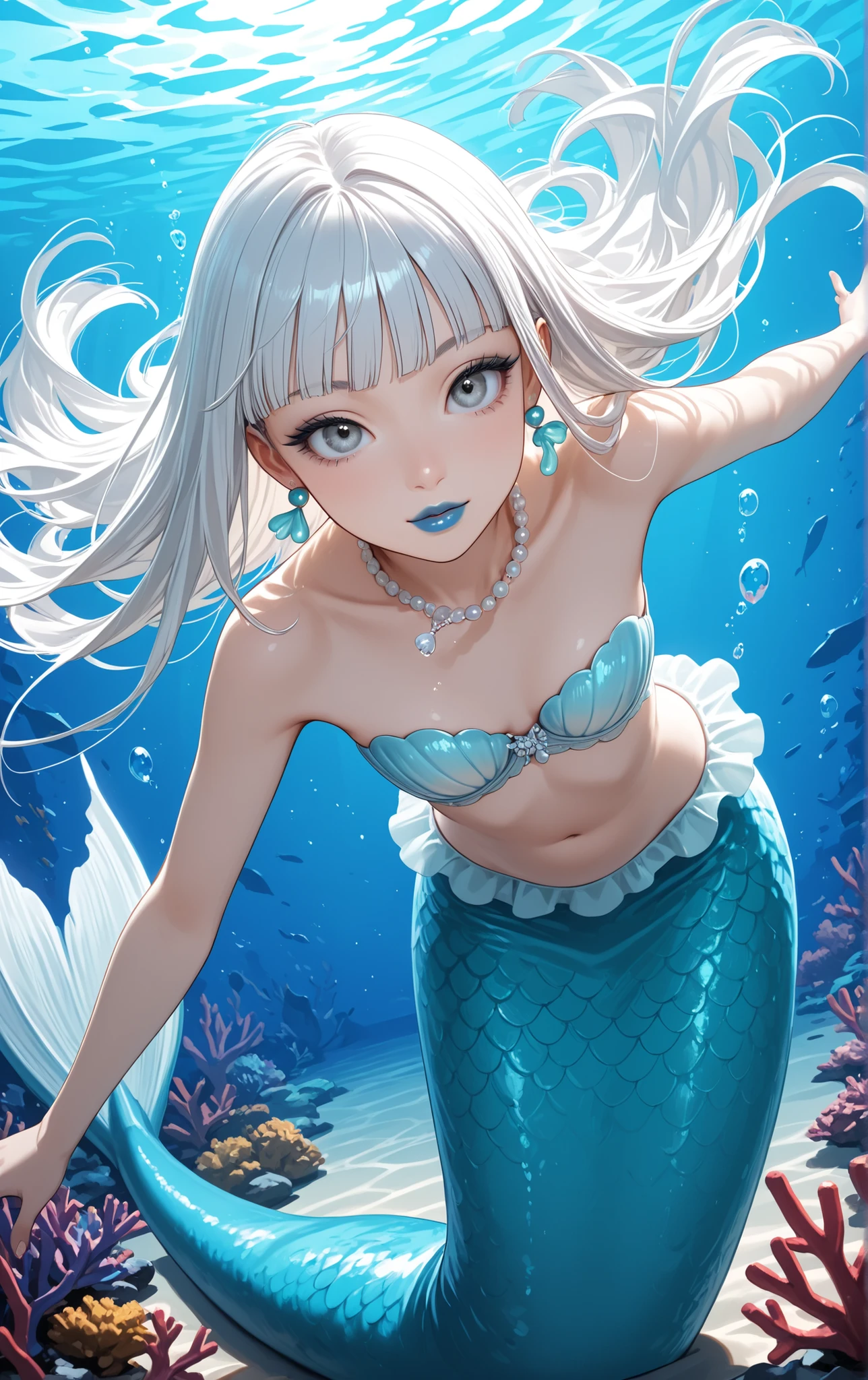 score_9, score_8_up, score_7_up, score_6_up, 
1girl, teen girl, mermaid, vvery elegant shell bra, white hair, hime-cut hair, straight hair, long hair, grey eyes, small, long eyelashes, pearl necklace, blunt bangs, young adult, coral earrings, blue lips, swimming gracefully, dynamic pose, dynamic angle, angled shot, beautiful underwater scenery