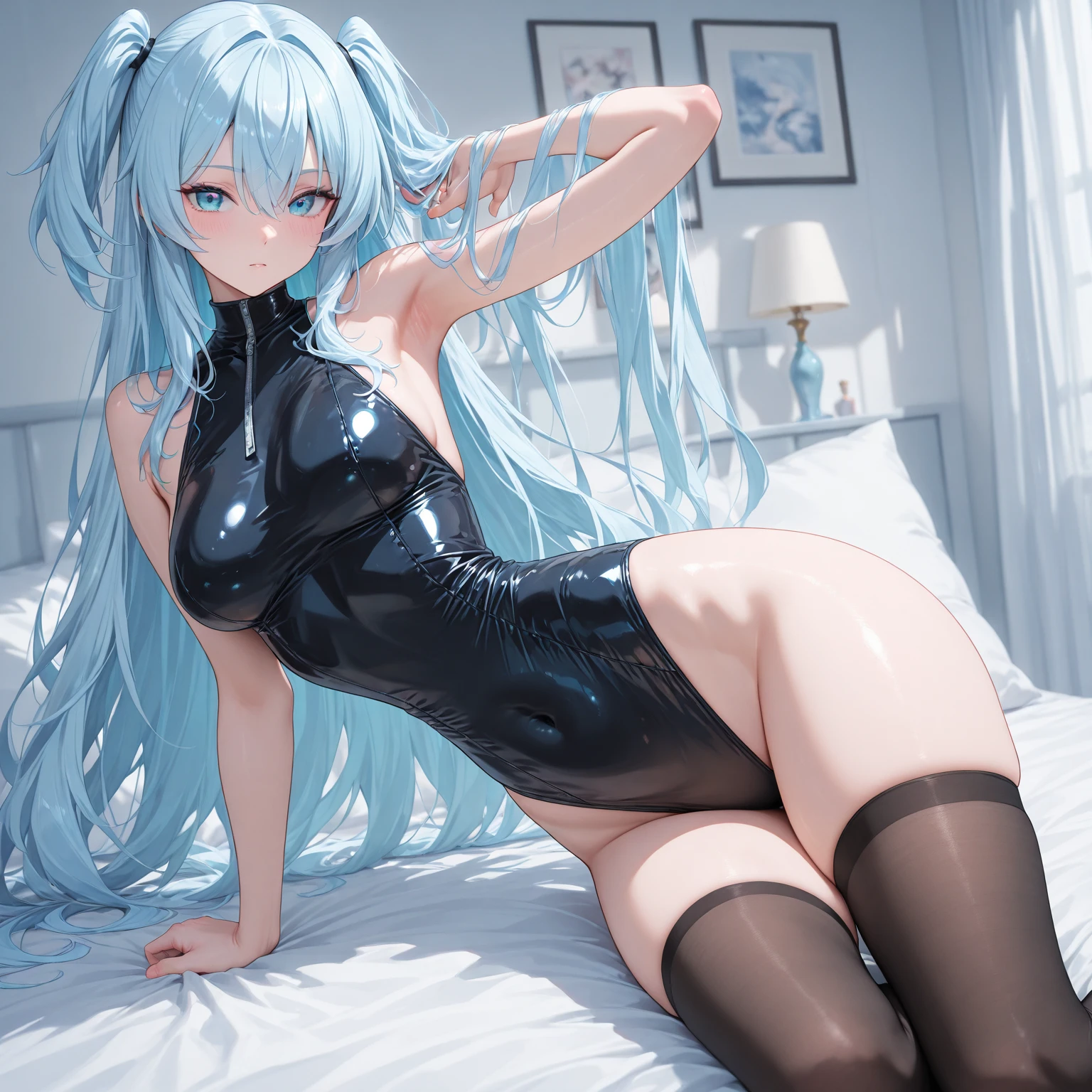 Character Details:, - Gender: 1 Girl. - Style: Anime, - Body Type: Attractive body, slim body, nice legs, slim tights, nice arms, nice shoulders. - : ((Small :1,5)), Cleavage, . - Facial Features: Beautiful, Gorgeous, Teenager, Fresh, Young. - Expression: Open Smile, , Pink Blush on Face,  Eyes,  Look, Sweating, Innocent Look, Tipsy. - Hairstyle: Blunt Bangs, Long Hair. - Hair Color: Light Blue Hair. - Clothing: Office Shirt. - Body Pose: (Sitting). - Behaviour: Waiting, Want Something, Secretly. - Accessories: Earrings., Environmental Details:, - Setting: Office Room., - Lighting: Natural Light., - Decoration: Modern Office Desk, Chair, Window, White Curtain, City View. Top view. pov, anime style, UHD, retina, masterpiece, accurate, anatomically correct, textured