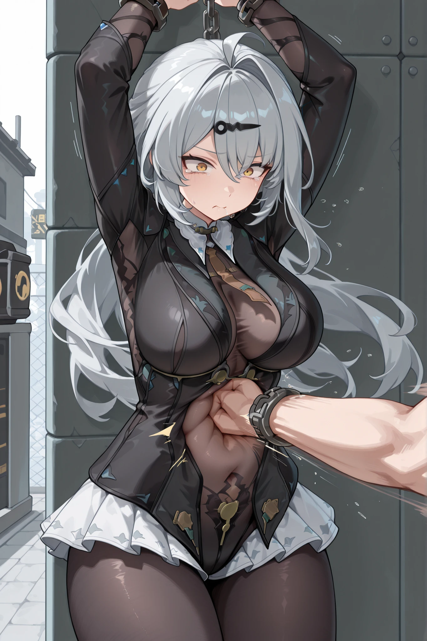 Masterpiece,best quality,highres,Super detailed,very detailed,highest quality,super detailed,high quality,high-definition,extremely detailed,absurdres,perfect lighting,outdoors,arms behind head,hanging all hands over head higher,hanging two hands over head higher,((((chain restrict her wrist)))),sexy,sexy belly line,Sexy belly line,Sexy Belly Line,navel punch,Navel punch,Navel Punch,(((((bellypunching,Bellypunching,Belly punching,Belly Punching,navel punch,Navel punch,Navel Punch,belly punching:1.2))))),
*//*,Yixuan\(zenless zone zero\),yxnnwtft,yi xuan zenless zone zero,zenless zone zero,yixuan,yellow eyes,grey hair,long hair,single hair intake,ahoge,breasts,hair ornament,black hairclip,hair between eyes,black jacket,black dress,black bodysuit,bodystocking,black bodystocking,see-through bodystocking,navel,covered navel,covered navel black dress,covered belly,covered belly black dress,pleated skirt,white shirt,white skirt,miniskirt,brown necktie,pantyhose,black pantyhose,long sleeves,
*//*,looking at viewer,small tears,closed mouse