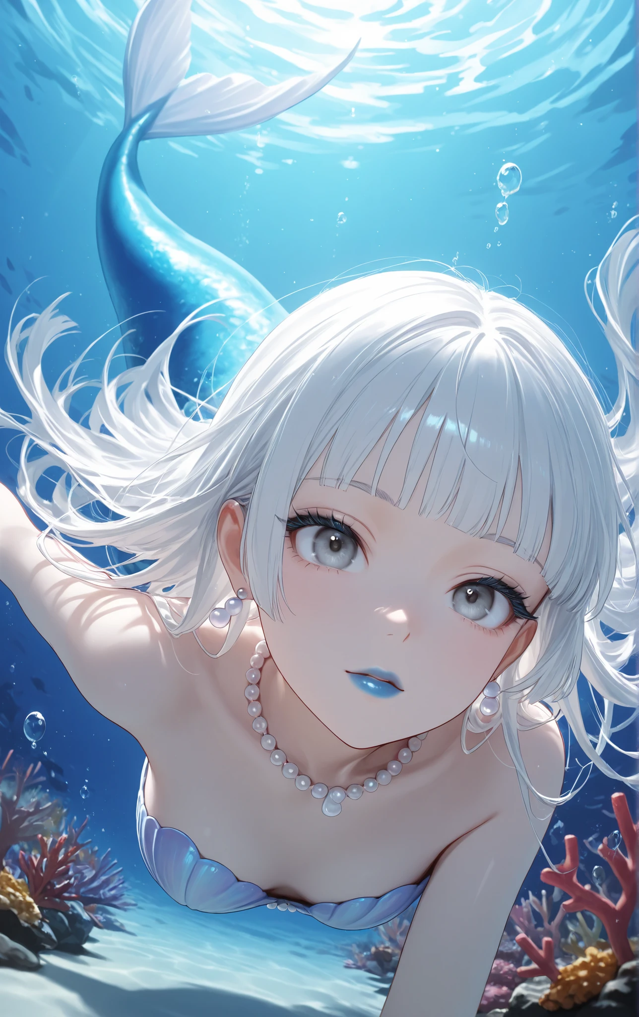 score_9, score_8_up, score_7_up, score_6_up, 
1girl, teen girl, mermaid, vvery elegant shell bra, white hair, hime-cut hair, straight hair, long hair, grey eyes, small, long eyelashes, pearl necklace, blunt bangs, young adult, coral earrings, blue lips, swimming gracefully, swimming upwards in a graceful manner, dynamic pose, dynamic angle, angled shot, beautiful underwater scenery, no seafloor, no seabed