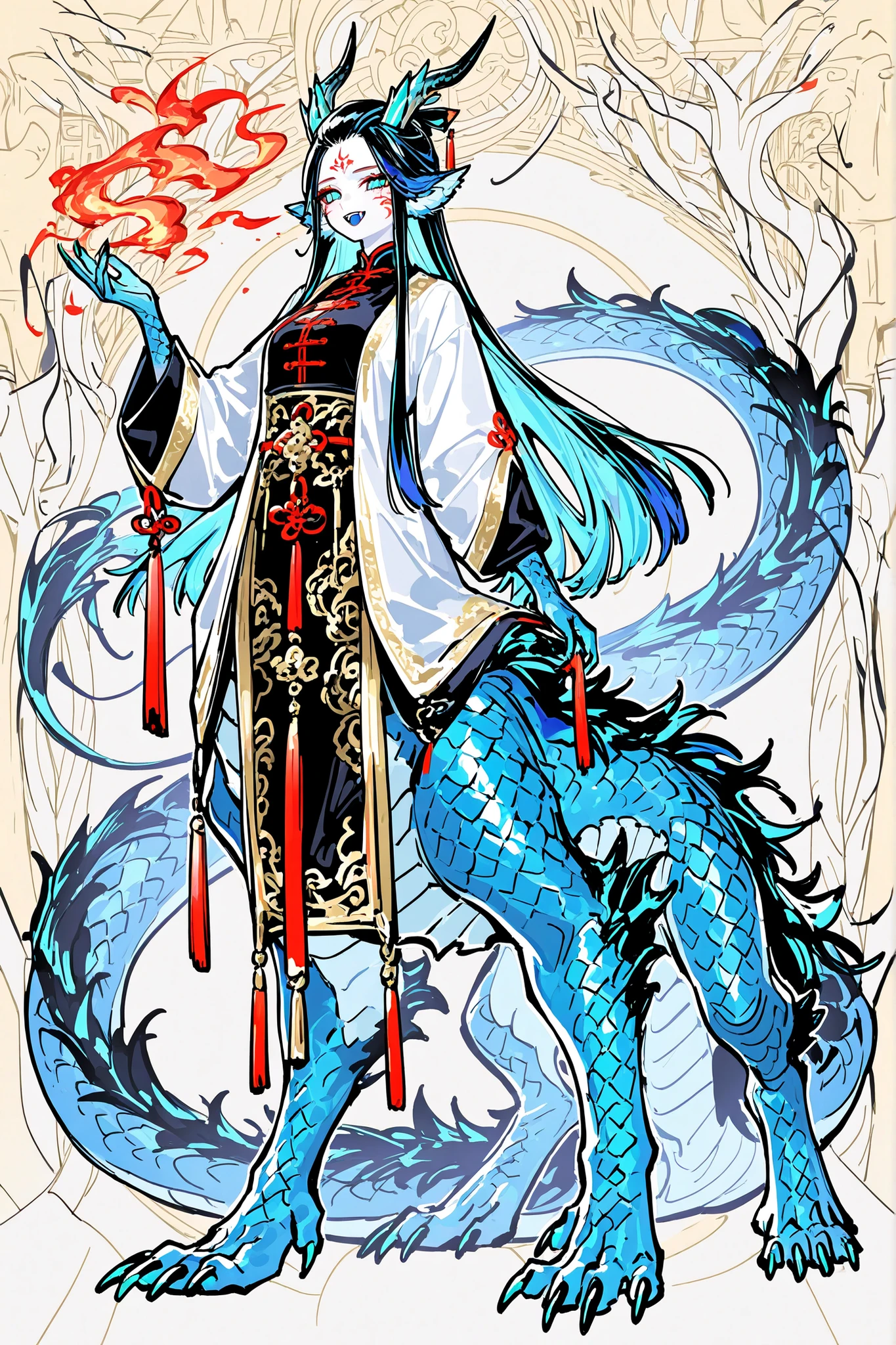 (dragon taur, centauroid, monster girl,) Girl is Azure dragon Lúng,she is hybrid of Eastern dragon. She has a sporty feminine bodybuilding. Her face has asian features. She has green jade narrow eyes. She has pale skin covered blue dragon scales,with Nazar-tracery. She has red fire tattoos all over her body. She has red stripes on her cheeks and forehead. She has blue lipstick, she has a gold sharp fangs. She has long eyebrows. She has short jet-black straight hair with indigo blue highlights, her bangs are pinned up and pulled back. She has four golden curved branched dragon horns are located on the forehead. She has long pointy blue fluffy dragon ears. She has a  immensely long mighty scaly dragon tail with black mane along the spine and black fluffy tassel on tip of her tail. She has long golden crescent-shaped claws on her scaly azure blue limbs. She's wearing a turquoise Chinese traditional coat tangzhuang. She wears turquoise loose-fitting trousers. She she's barefoot. She holding big scaly dragon egg. (On the background: Chinese temple.)