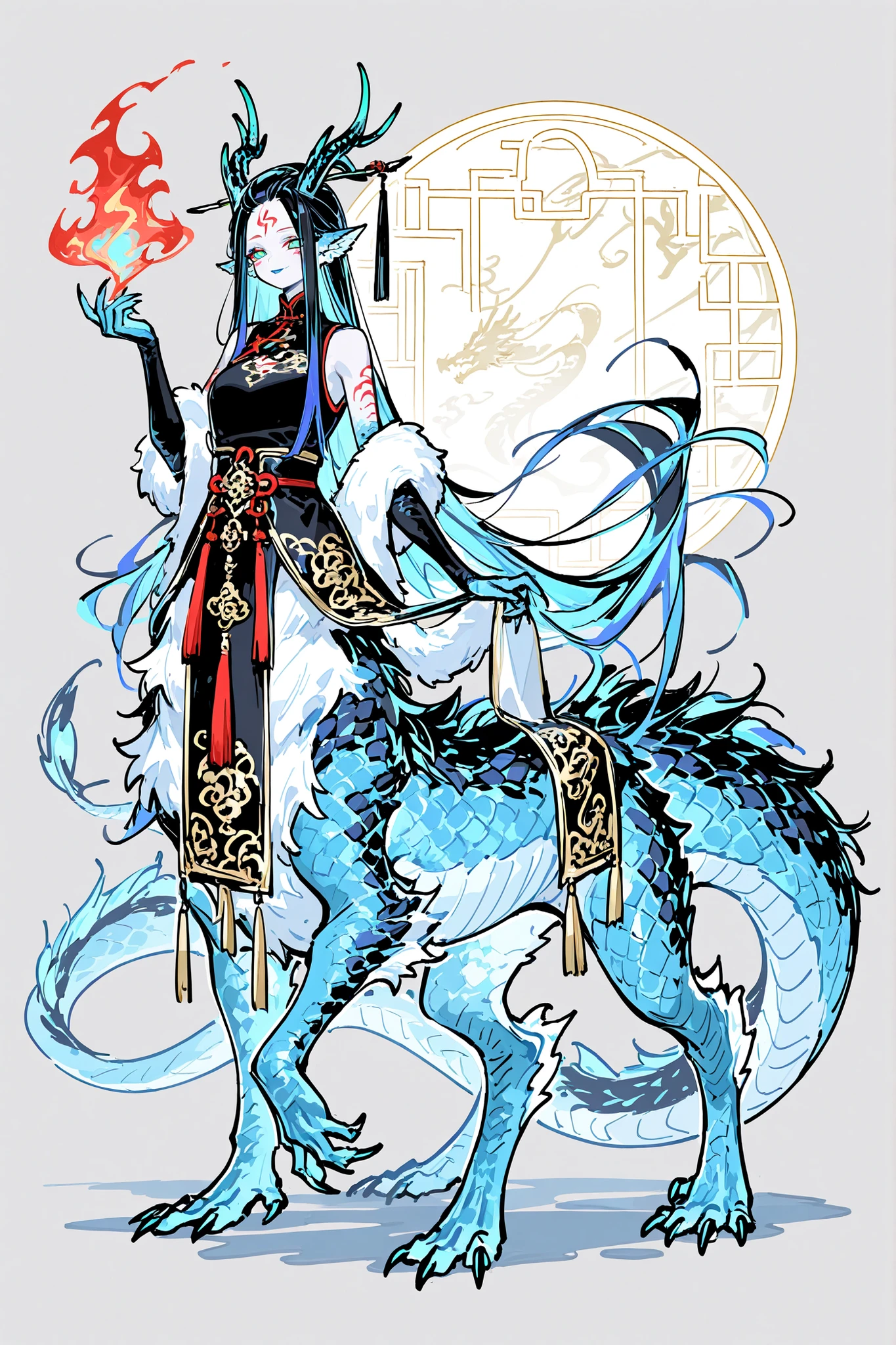 (dragon taur, centauroid, monster girl,) Girl is Azure dragon Lúng,she is hybrid of Eastern dragon. She has a sporty feminine bodybuilding. Her face has asian features. She has green jade narrow eyes. She has pale skin covered blue dragon scales,with Nazar-tracery. She has red fire tattoos all over her body. She has red stripes on her cheeks and forehead. She has blue lipstick, she has a gold sharp fangs. She has long eyebrows. She has short jet-black straight hair with indigo blue highlights, her bangs are pinned up and pulled back. She has four golden curved branched dragon horns are located on the forehead. She has long pointy blue fluffy dragon ears. She has a  immensely long mighty scaly dragon tail with black mane along the spine and black fluffy tassel on tip of her tail. She has long golden crescent-shaped claws on her scaly azure blue limbs. She's wearing a turquoise Chinese traditional coat tangzhuang. She wears turquoise loose-fitting trousers. She she's barefoot. She holding big scaly dragon egg. (On the background: Chinese temple.)